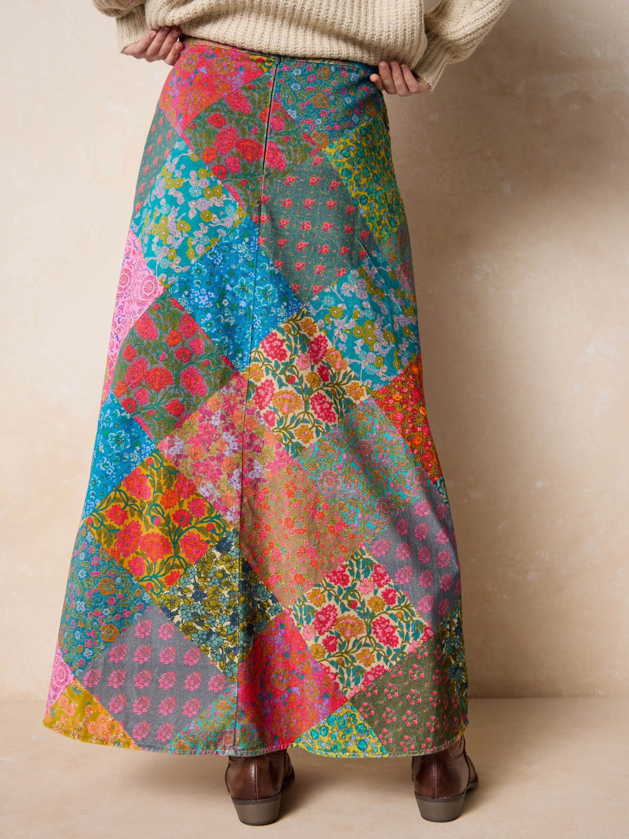 Amour Velvet Maxi Skirt - Bright Patchwork Zinnias - Image 2
