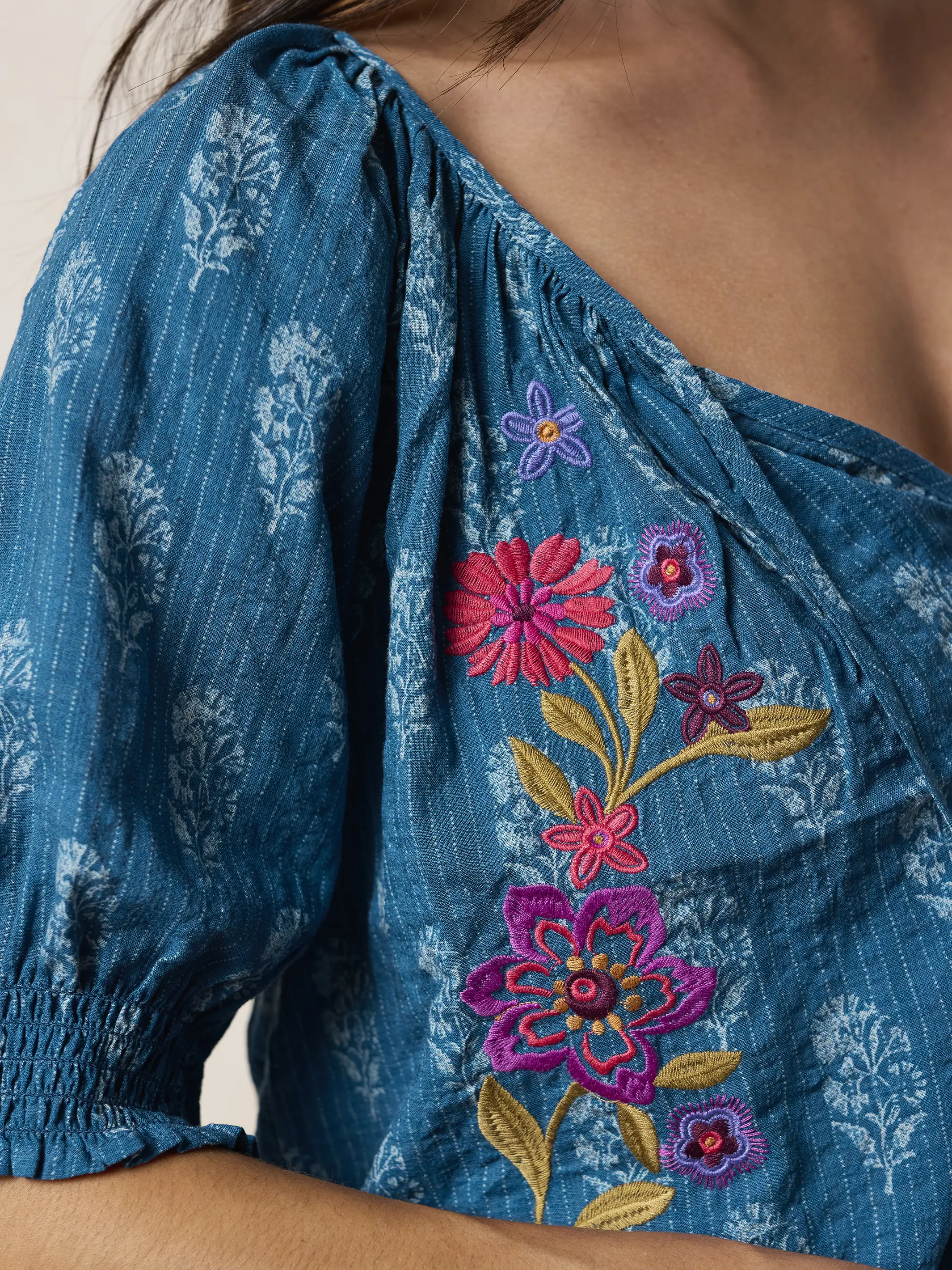 April Embroidered Top - Block Stamp Indigo - Image 3