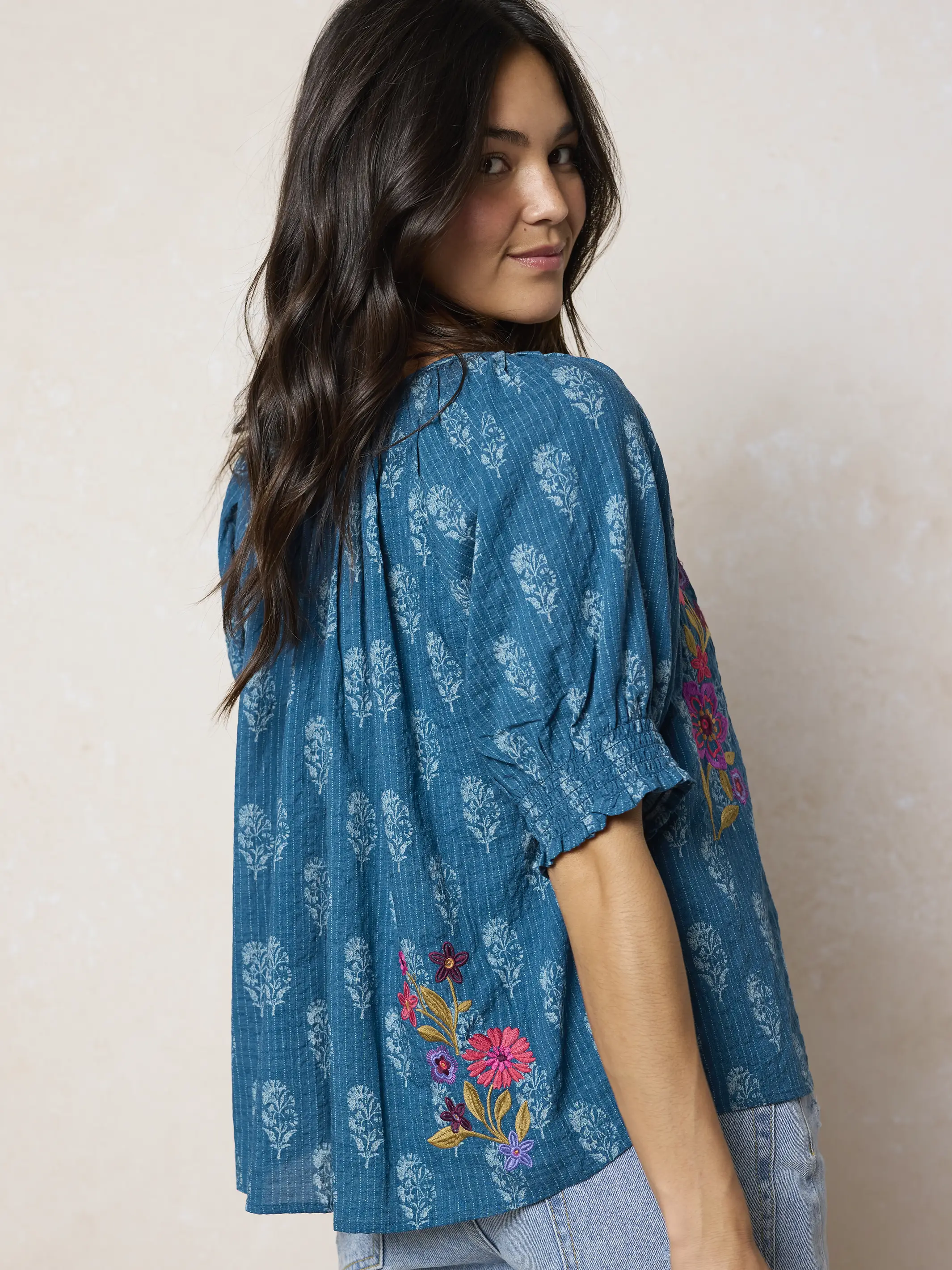 April Embroidered Top - Block Stamp Indigo - Image 5