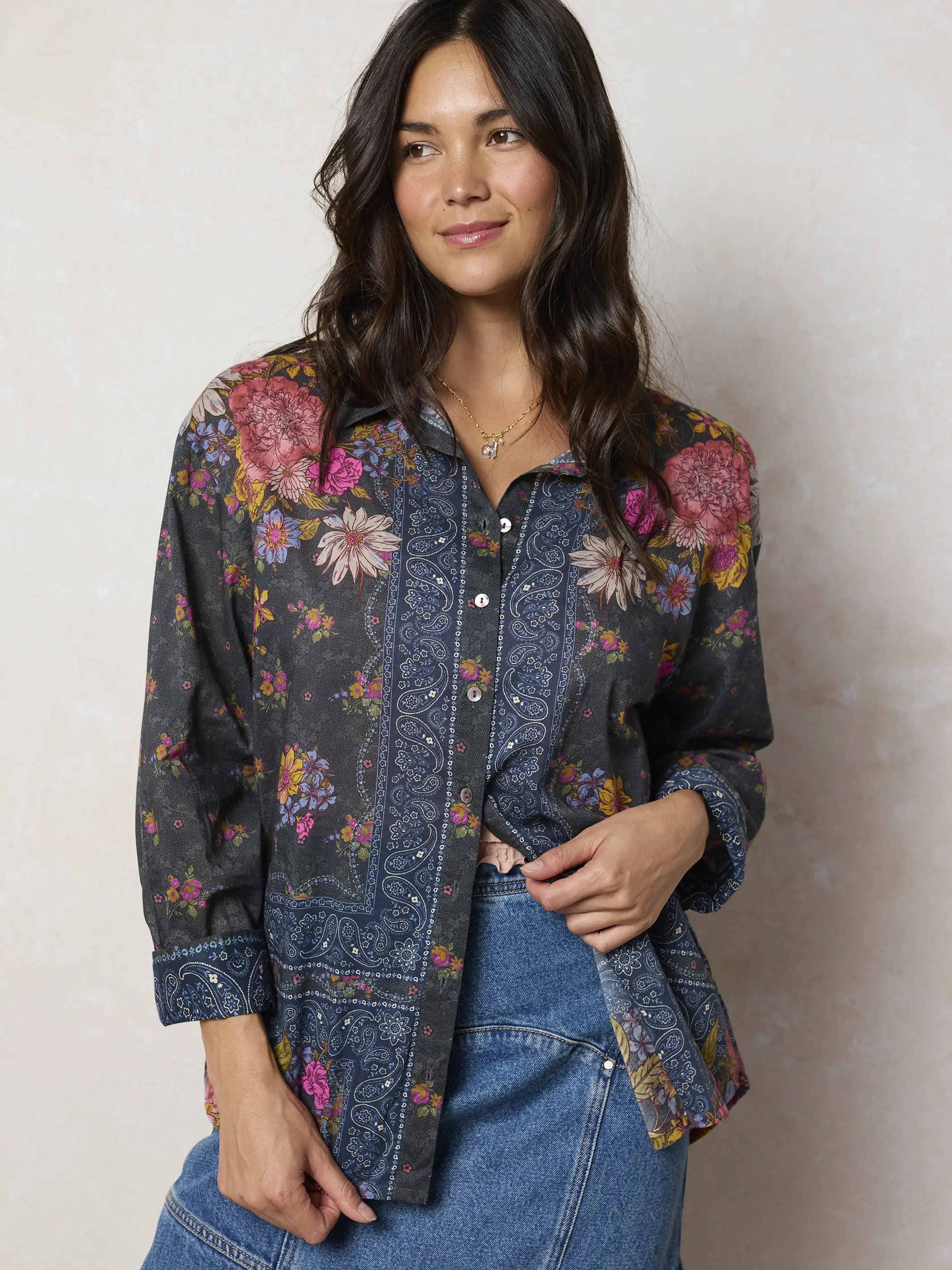 Barcelona Cotton Button Down - English Garden Charcoal - Image 3