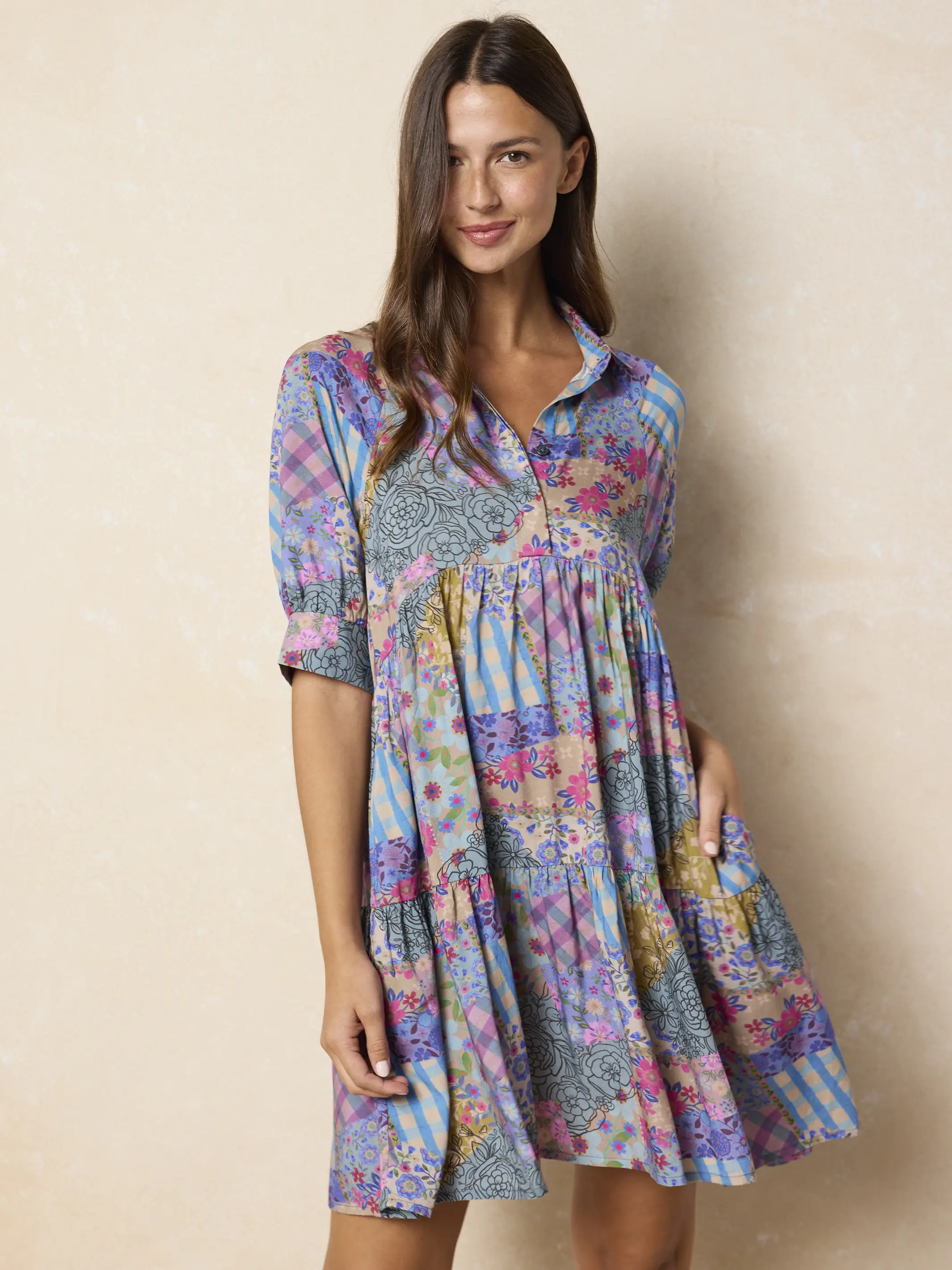 Becca Mini Dress - Gingham Floral Patchwork - Image 3