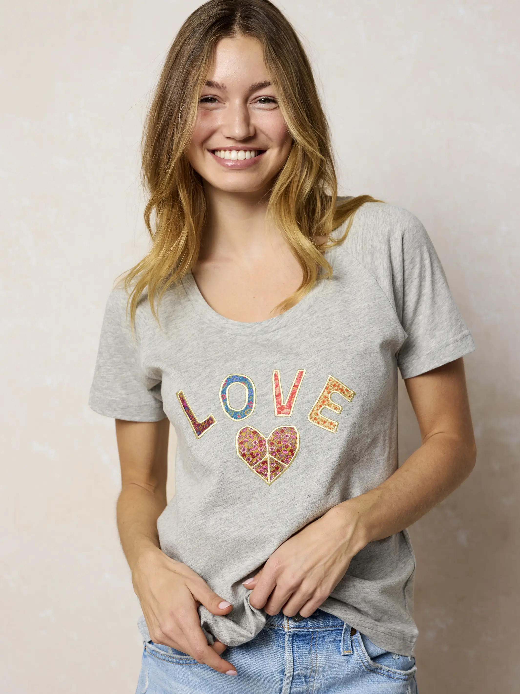 Boho Cotton Applique Tee - Heather Grey Love - Image 3