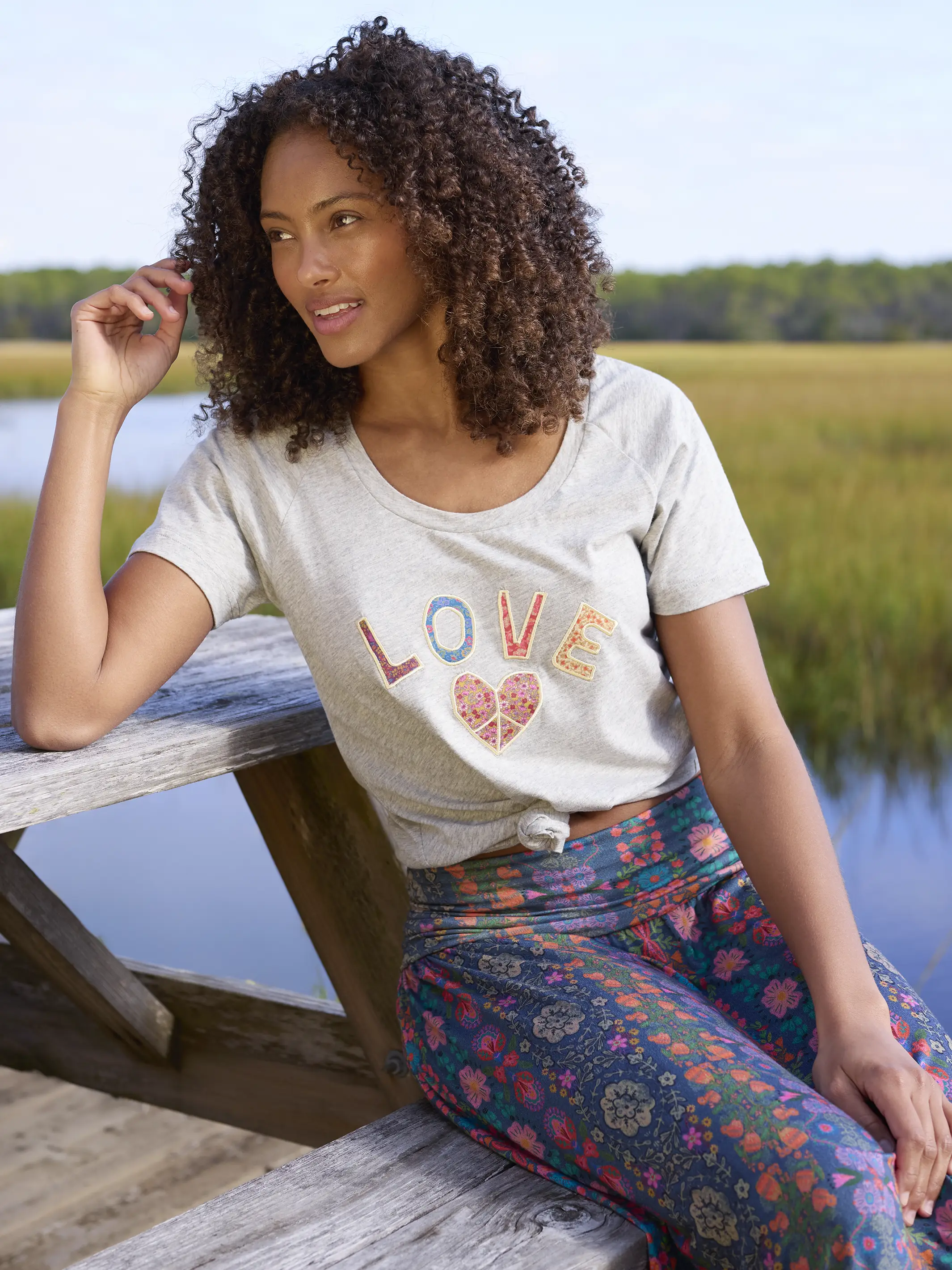 Boho Cotton Applique Tee - Heather Grey Love - Image 4