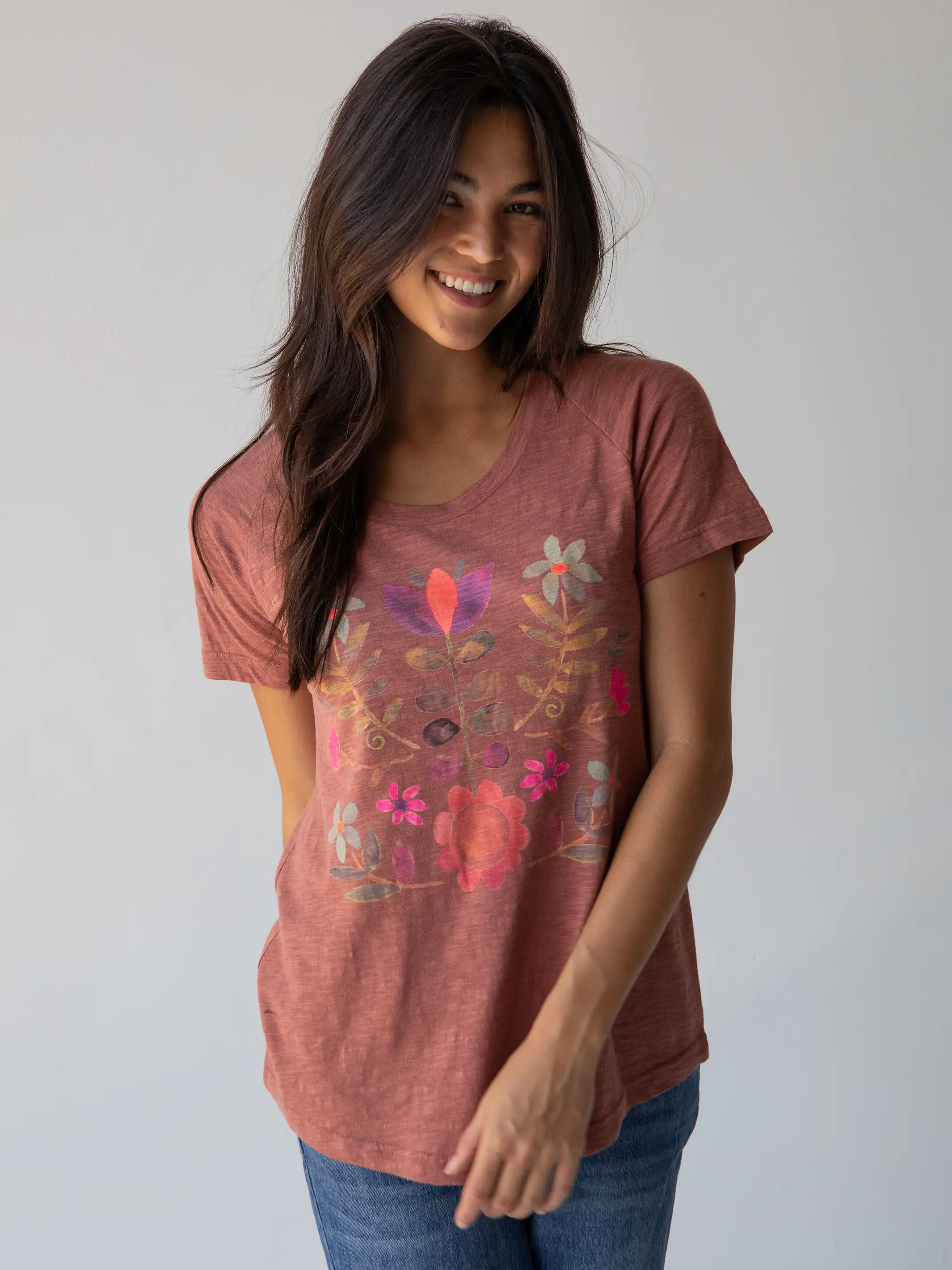 Boho Cotton Tee Shirt - Rust Folk Flower - Image 2