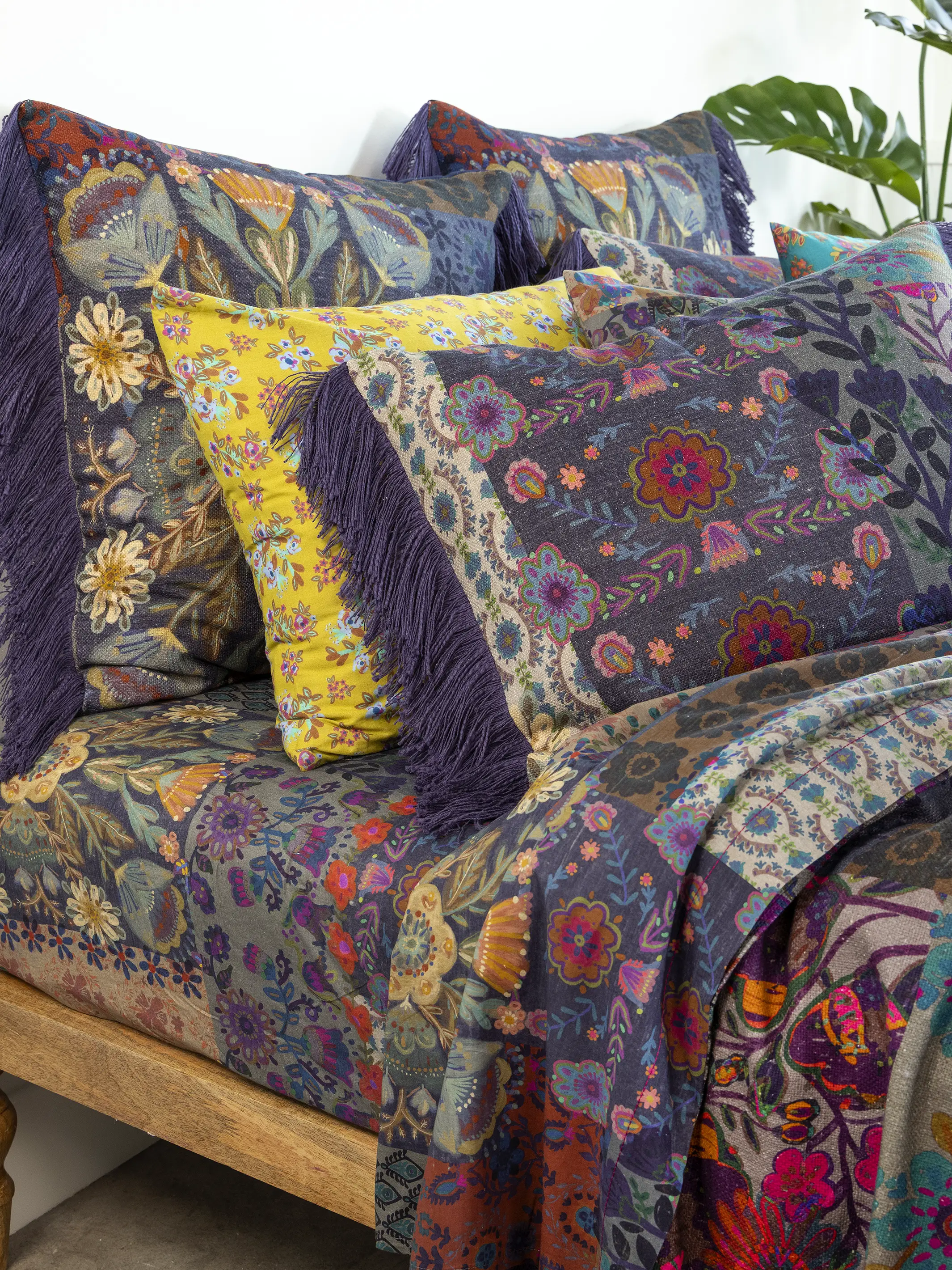Boho Fringe Shams, Set of 2 - Blue Patchwork - Image 2