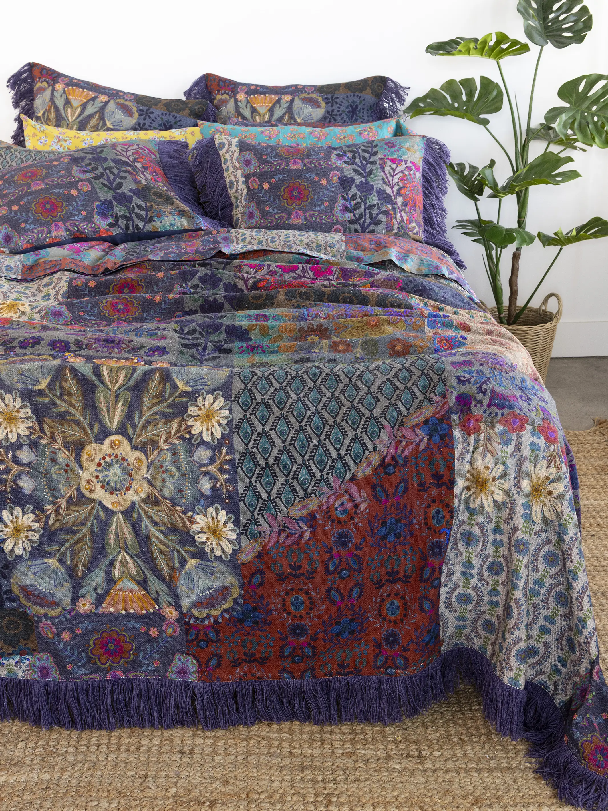 Boho Fringe Shams, Set of 2 - Blue Patchwork - Image 3