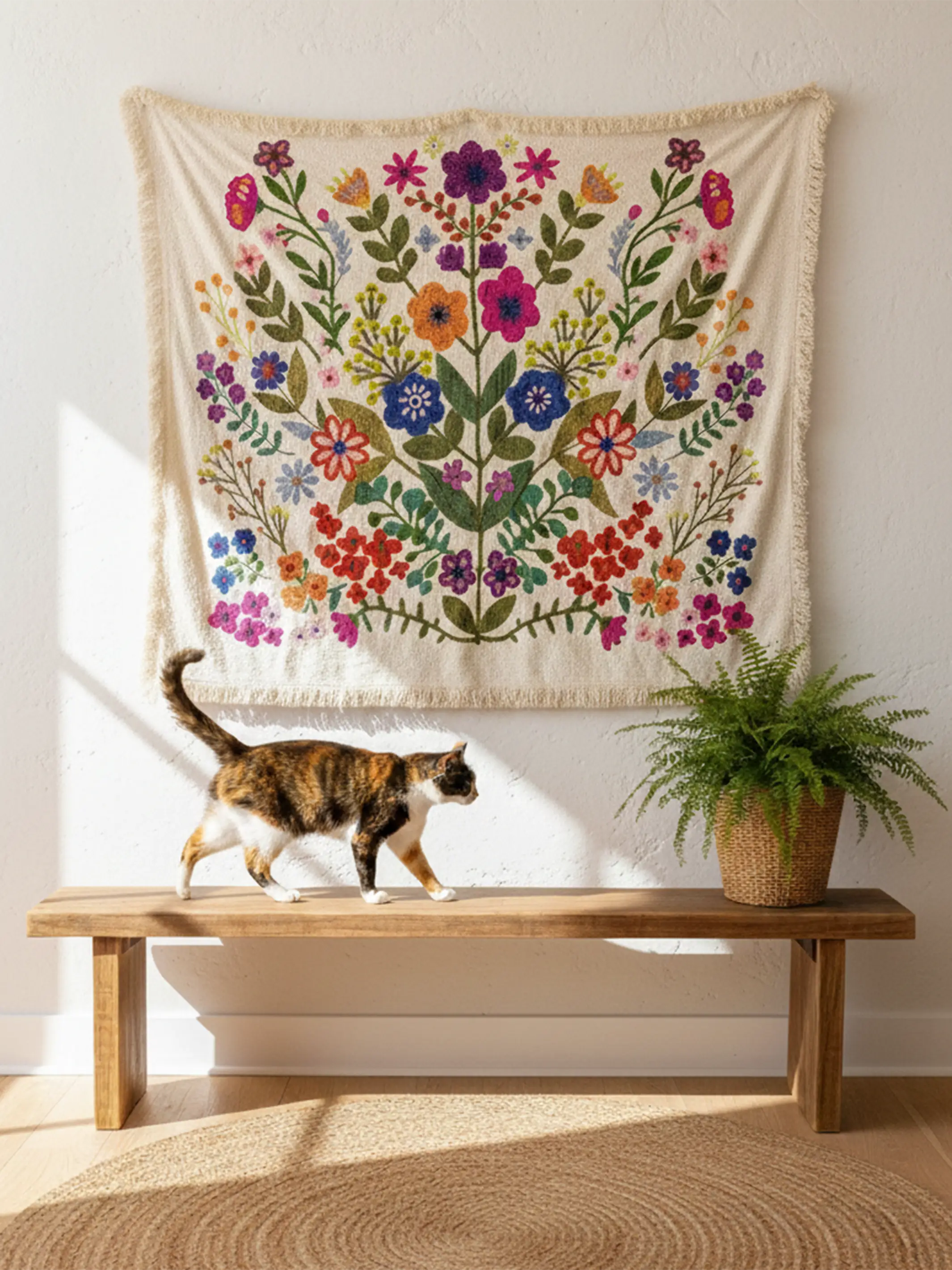 Boucle Embroidered Tapestry - Cream Flower Bouquet - Image 2
