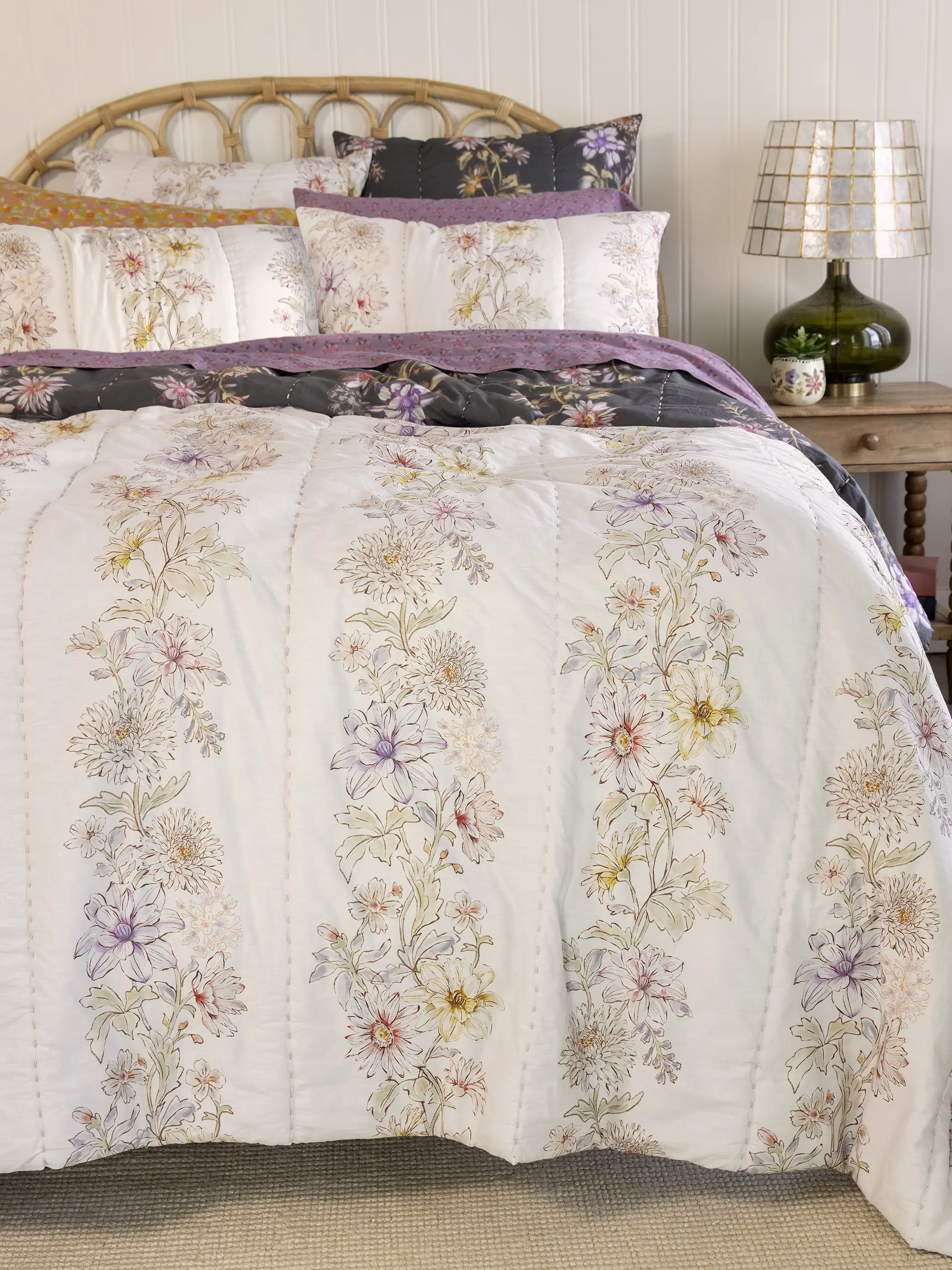 Bungalow Reversible Cotton Euro Sham - Ivory Dahlia Rows - Image 5