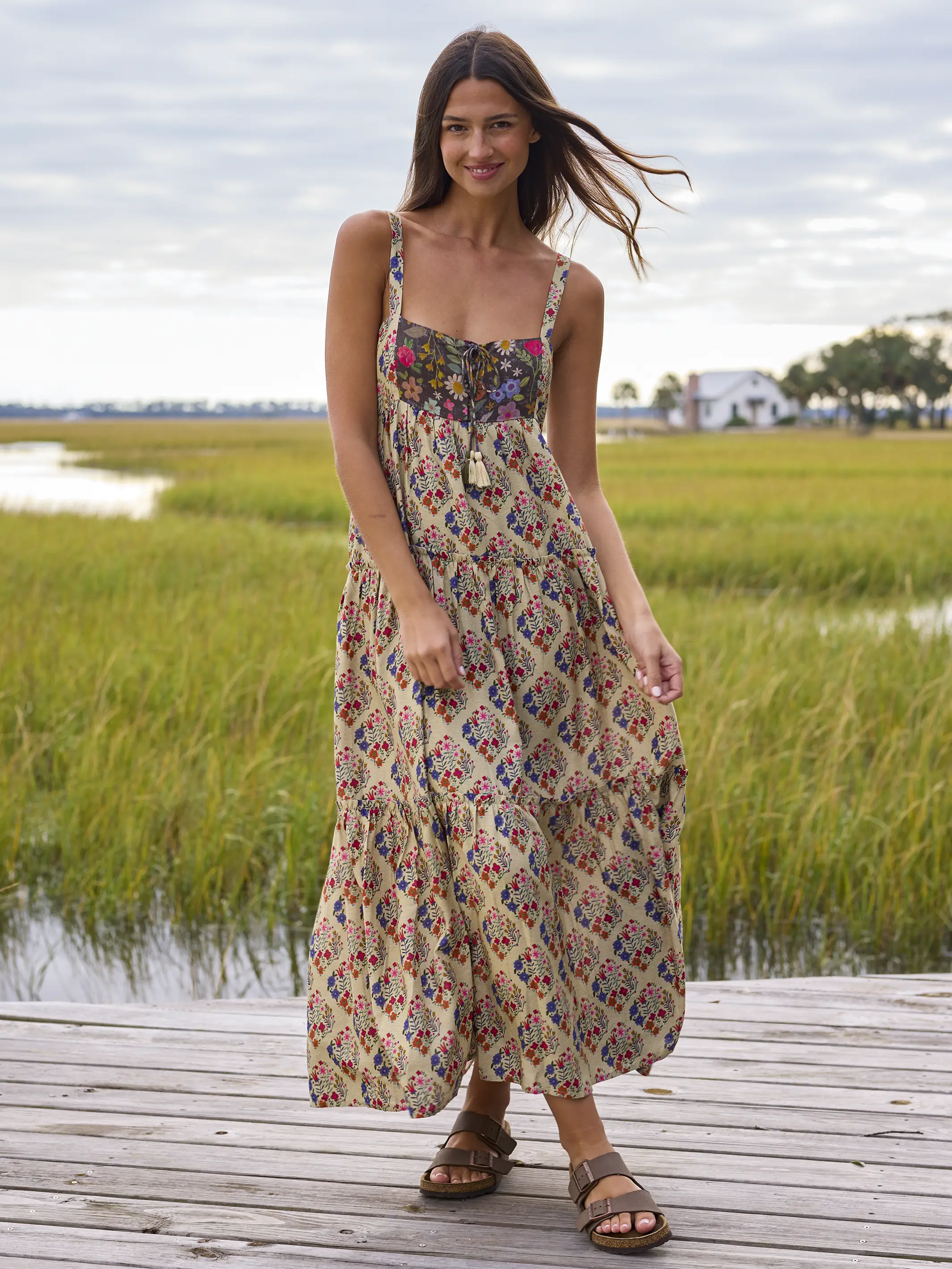 Cami Tie-Front Maxi Dress - Ditsy Diamonds Cream - Image 3
