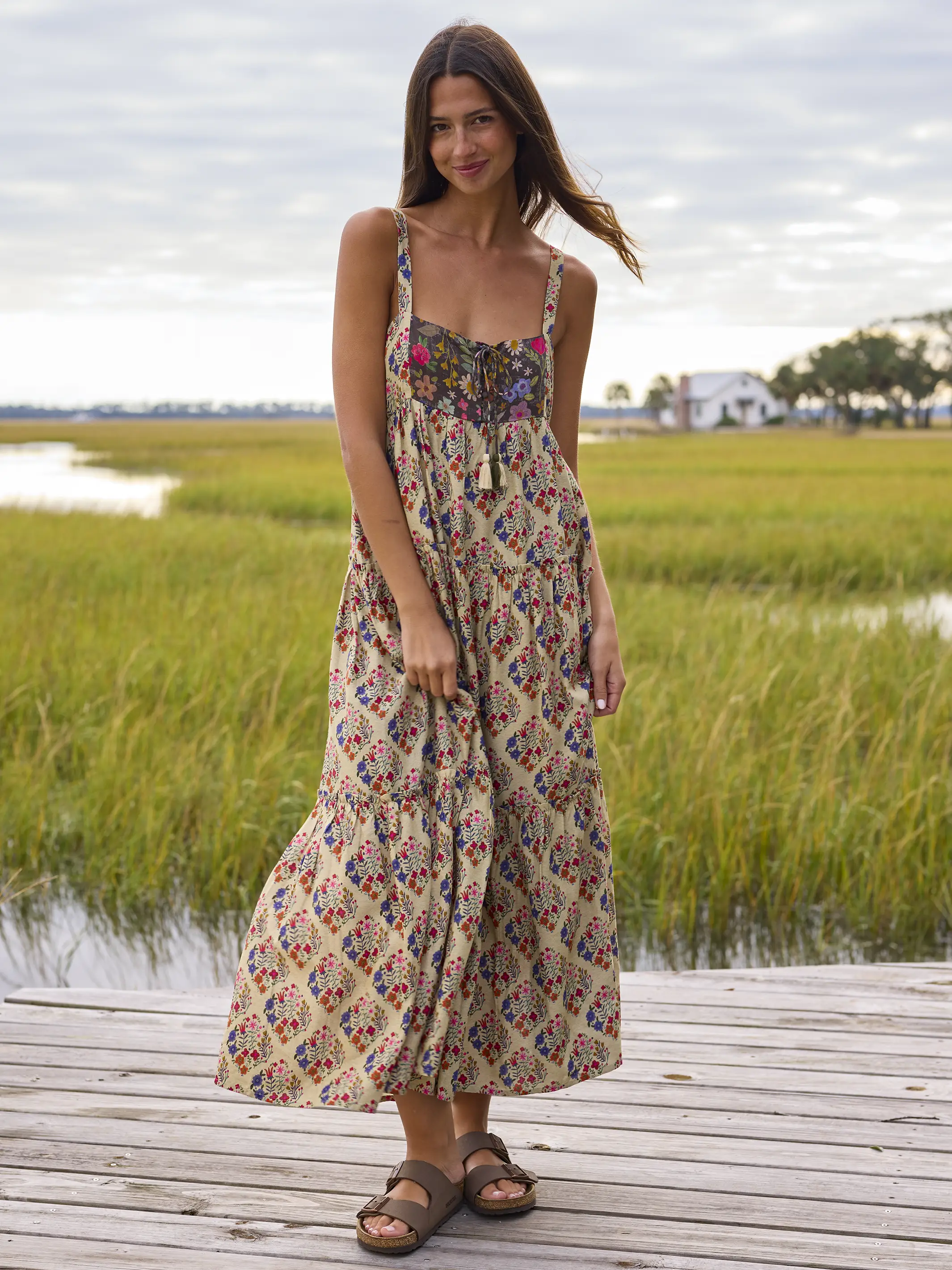 Cami Tie-Front Maxi Dress - Ditsy Diamonds Cream - Image 6
