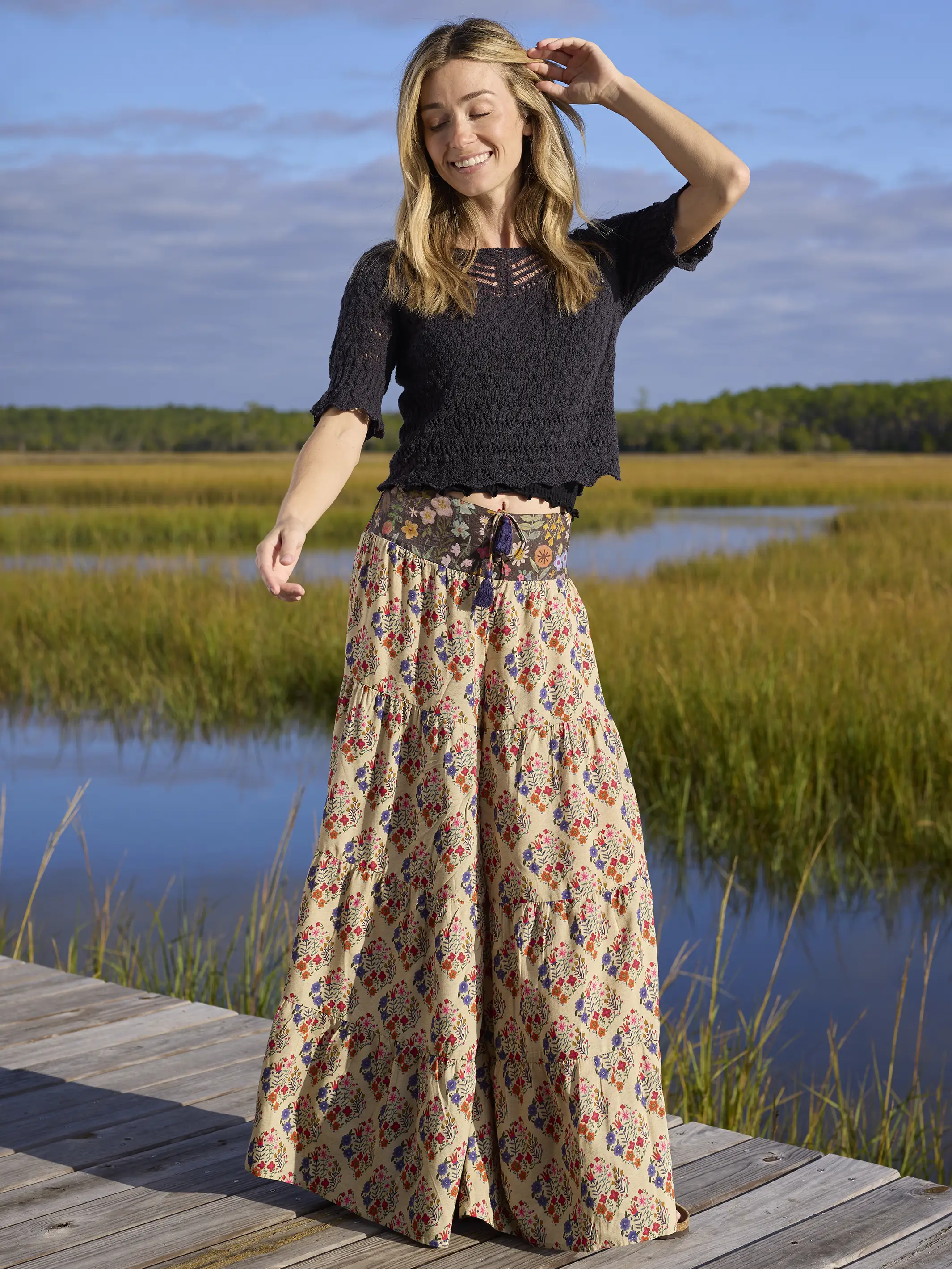 Cami Tie-Front Palazzo Pants - Ditsy Diamonds Cream - Image 3