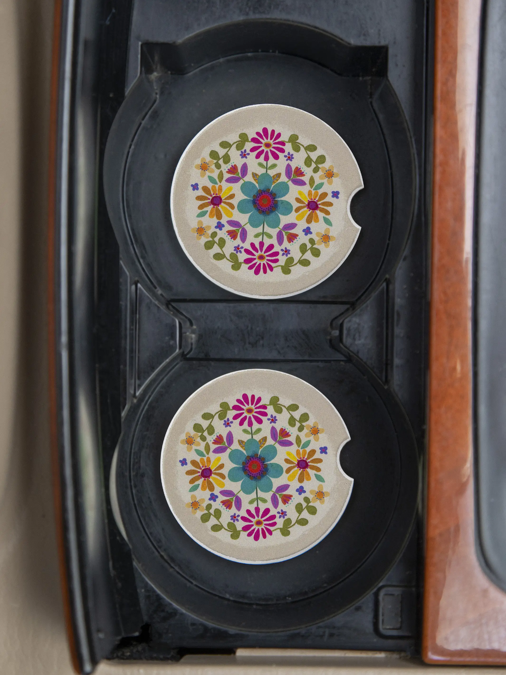 Car Coasters, Set of 2 - Cream Folk Flower - Image 2