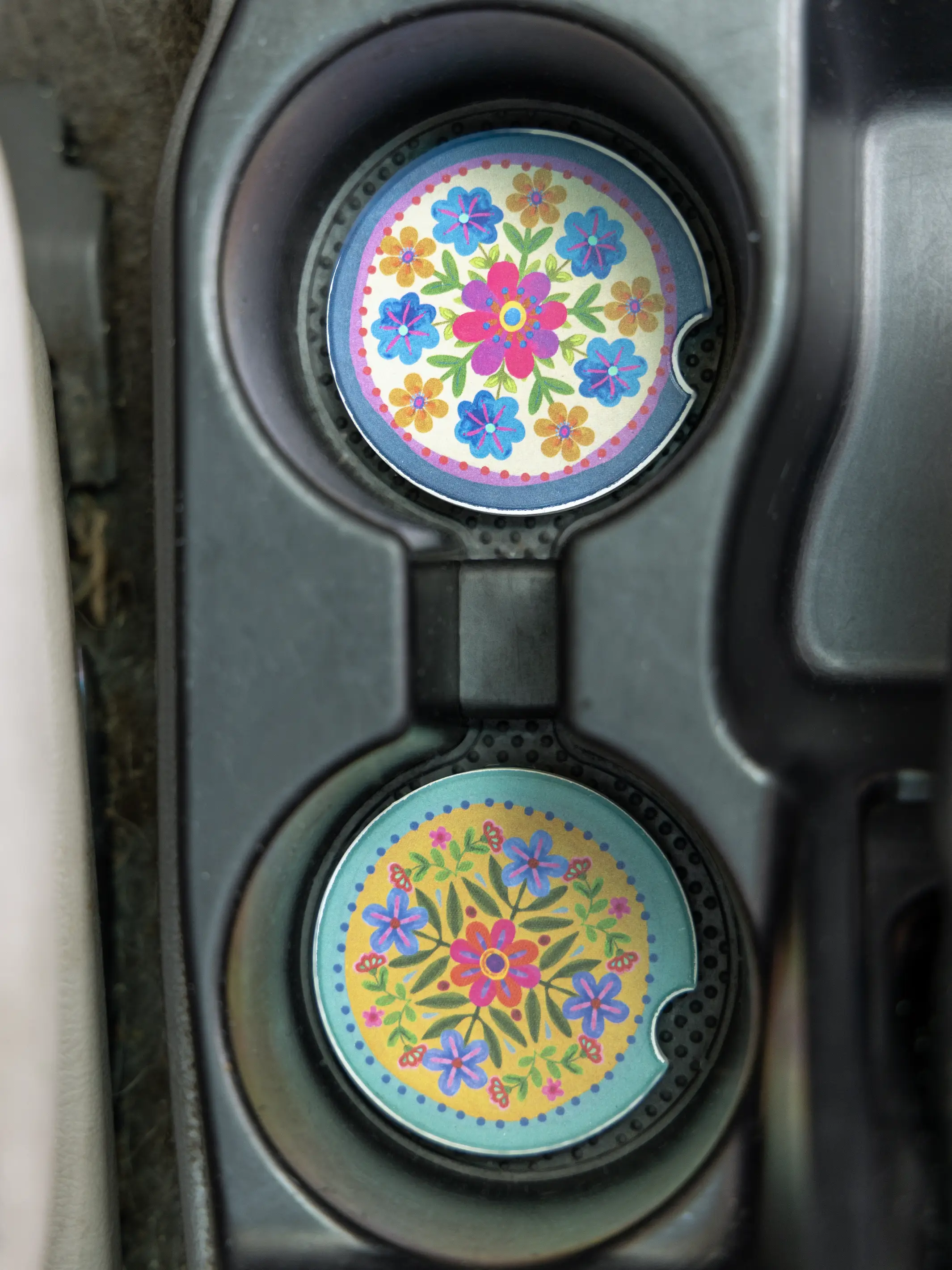 Car Coasters, Set of 2 - Mustard Folk Flower - Image 2