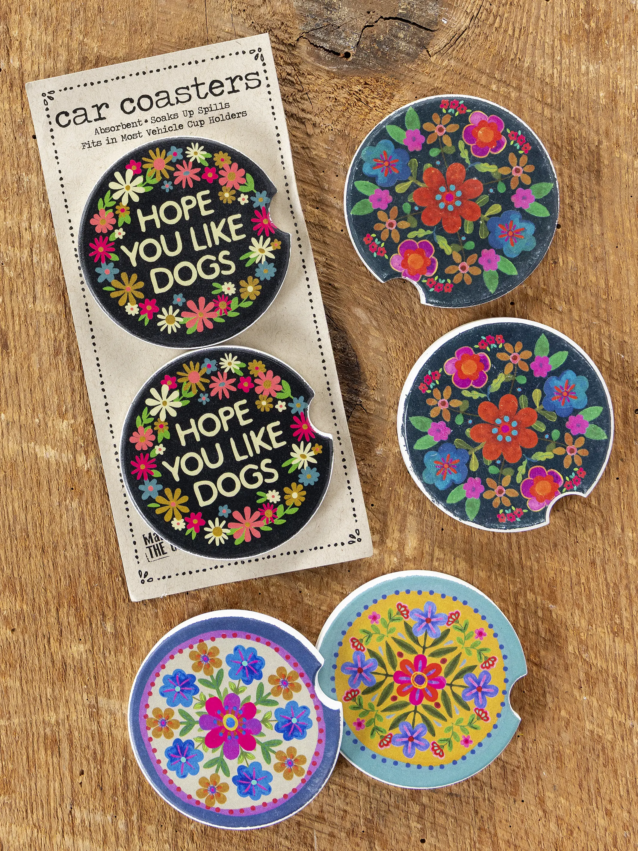 Car Coasters, Set of 2 - Mustard Folk Flower - Image 3