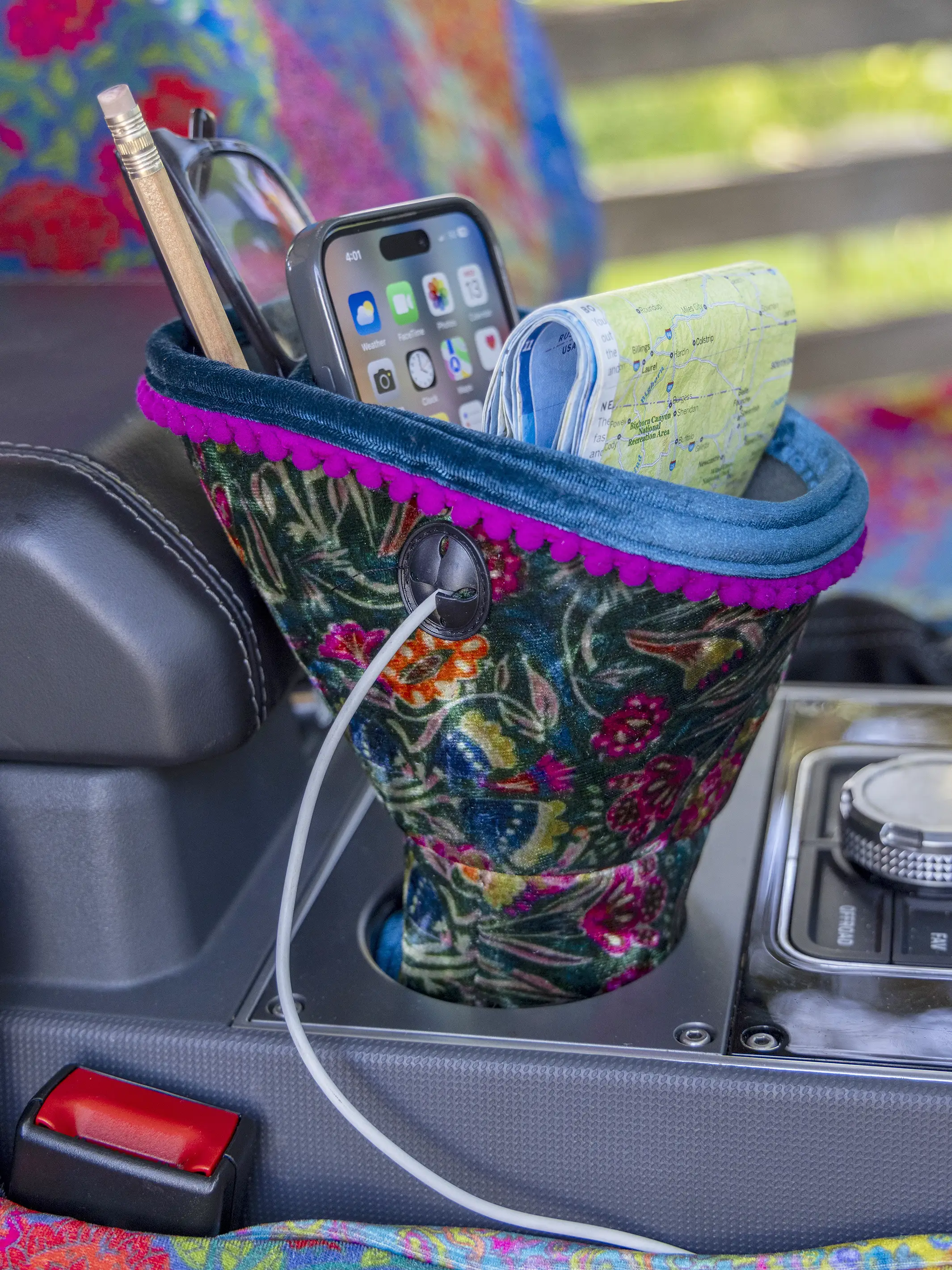 Car Cup Holder Organizer - Green Painterly Vines Velvet - Image 2