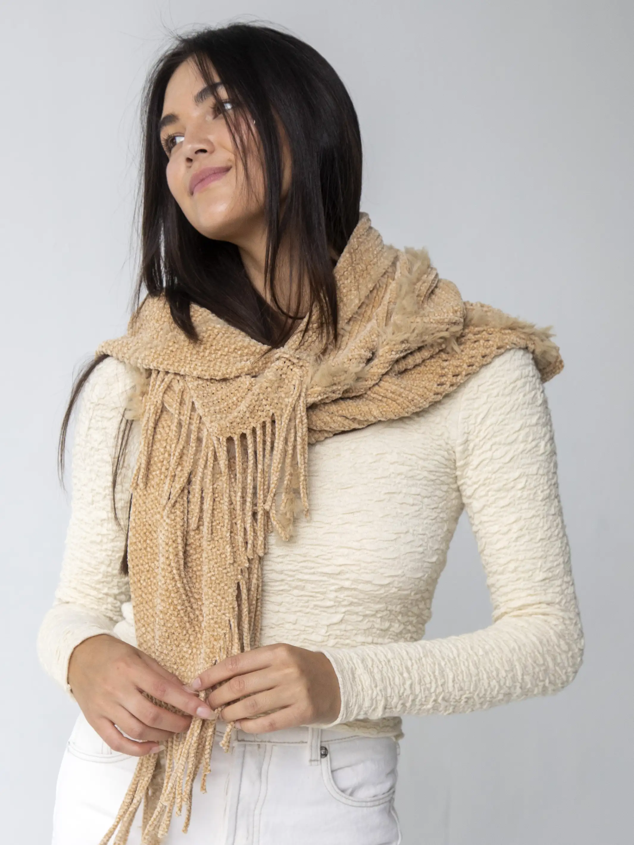 Chenille Poncho Scarf - Tan - Image 2