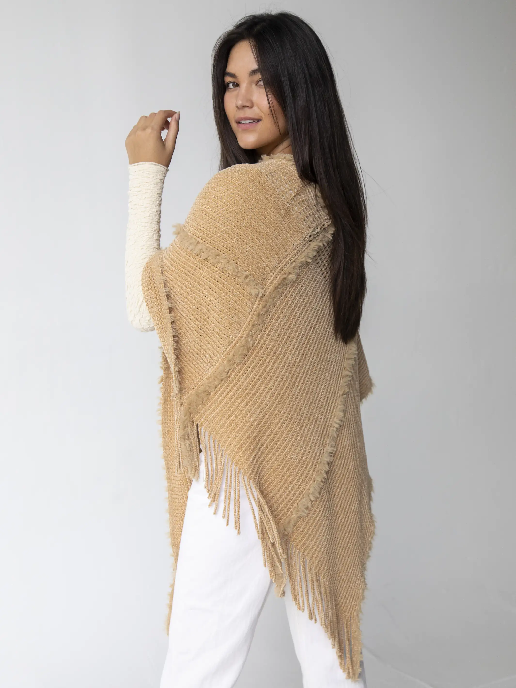 Chenille Poncho Scarf - Tan - Image 3