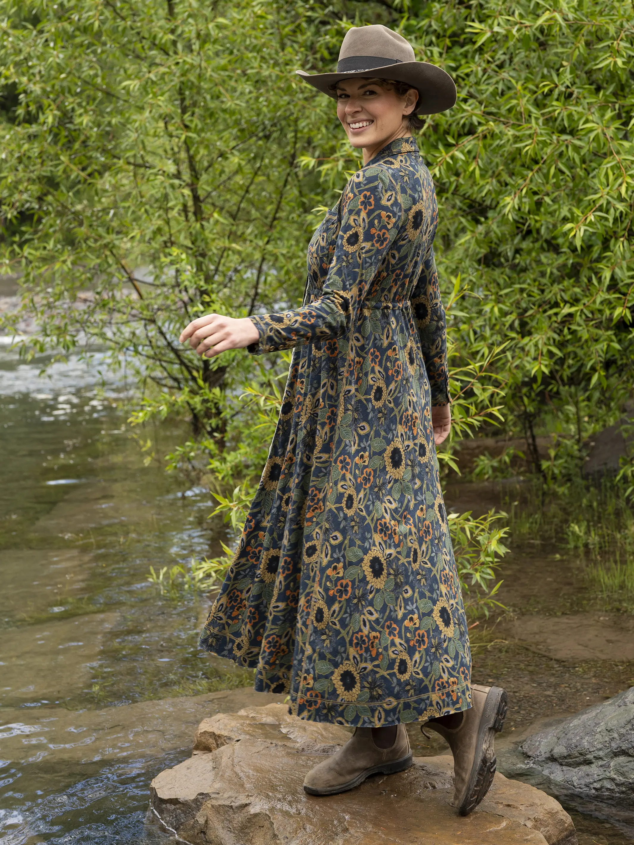 Christa Knit Cotton Maxi Dress - Navy Tan Dahlias - Image 2