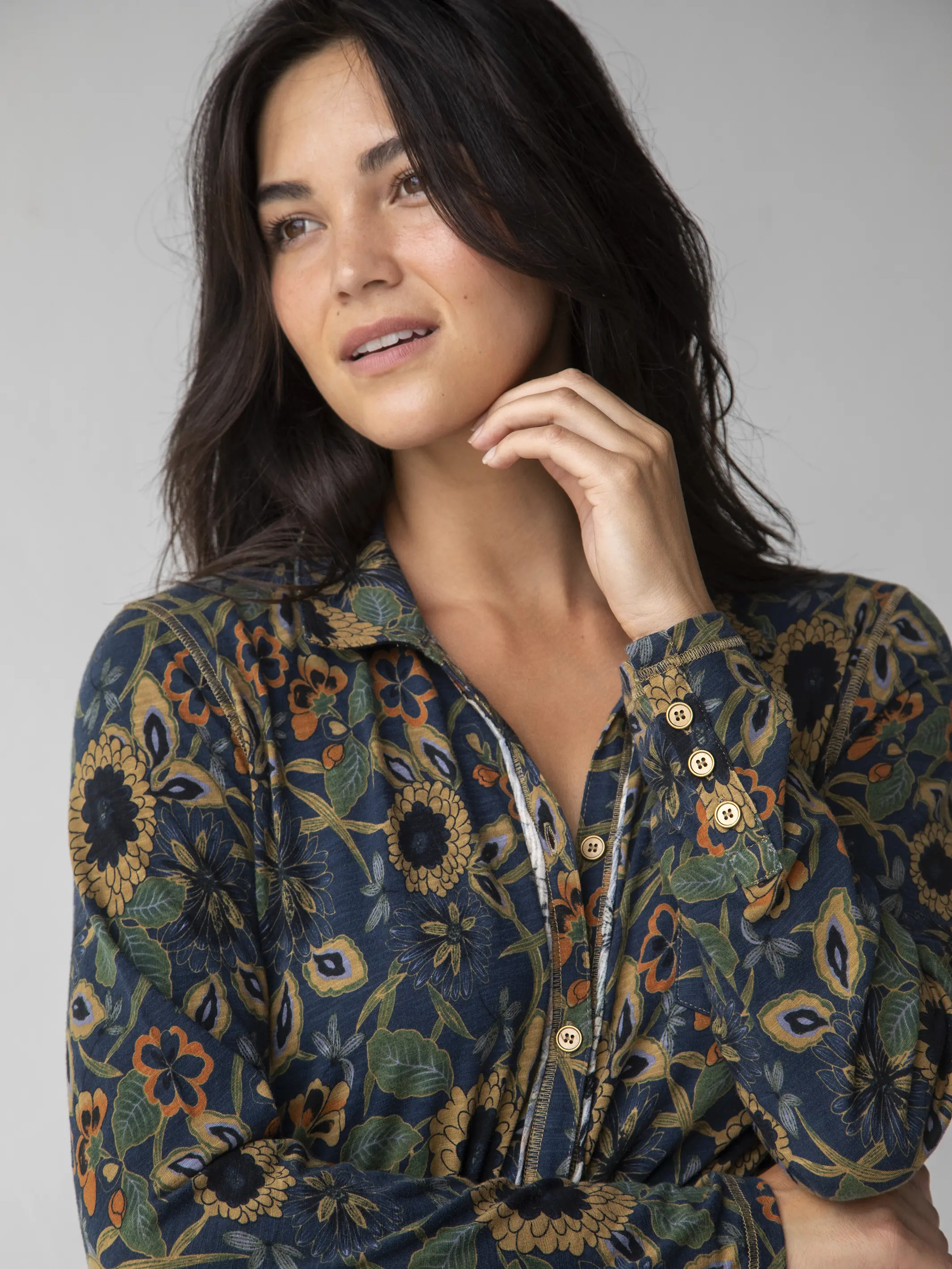 Christa Knit Cotton Maxi Dress - Navy Tan Dahlias - Image 3