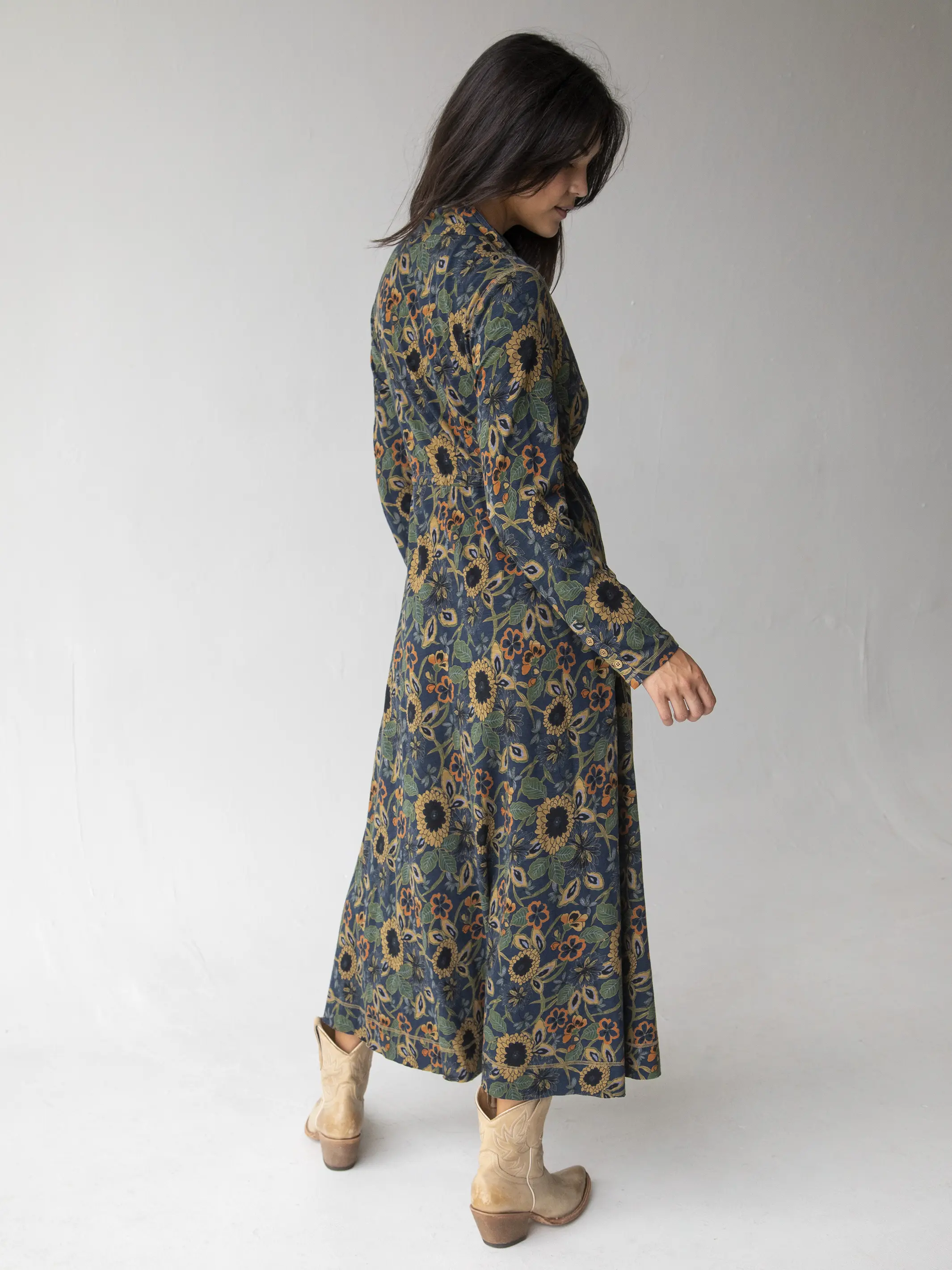 Christa Knit Cotton Maxi Dress - Navy Tan Dahlias - Image 4