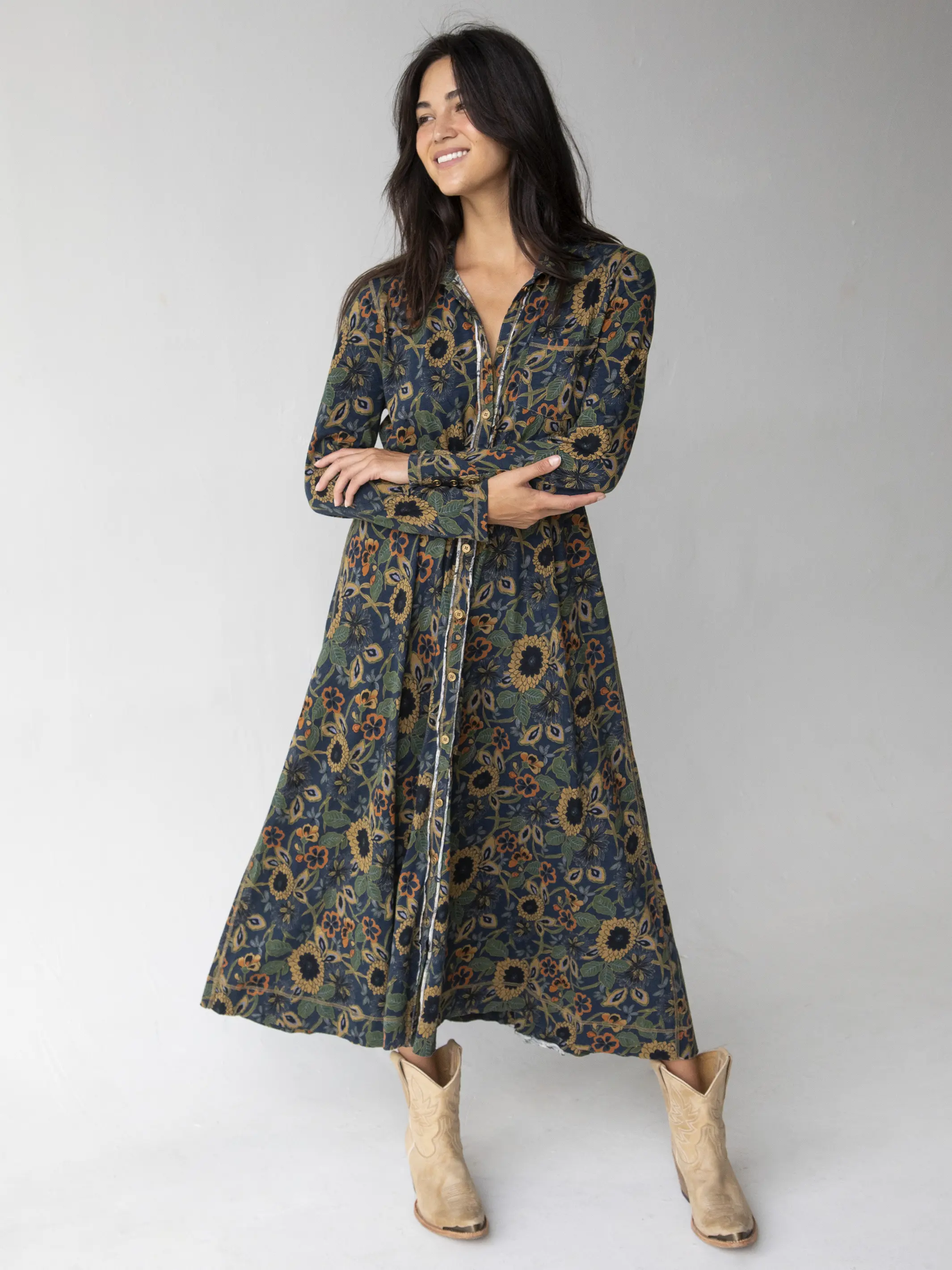 Christa Knit Cotton Maxi Dress - Navy Tan Dahlias - Image 5