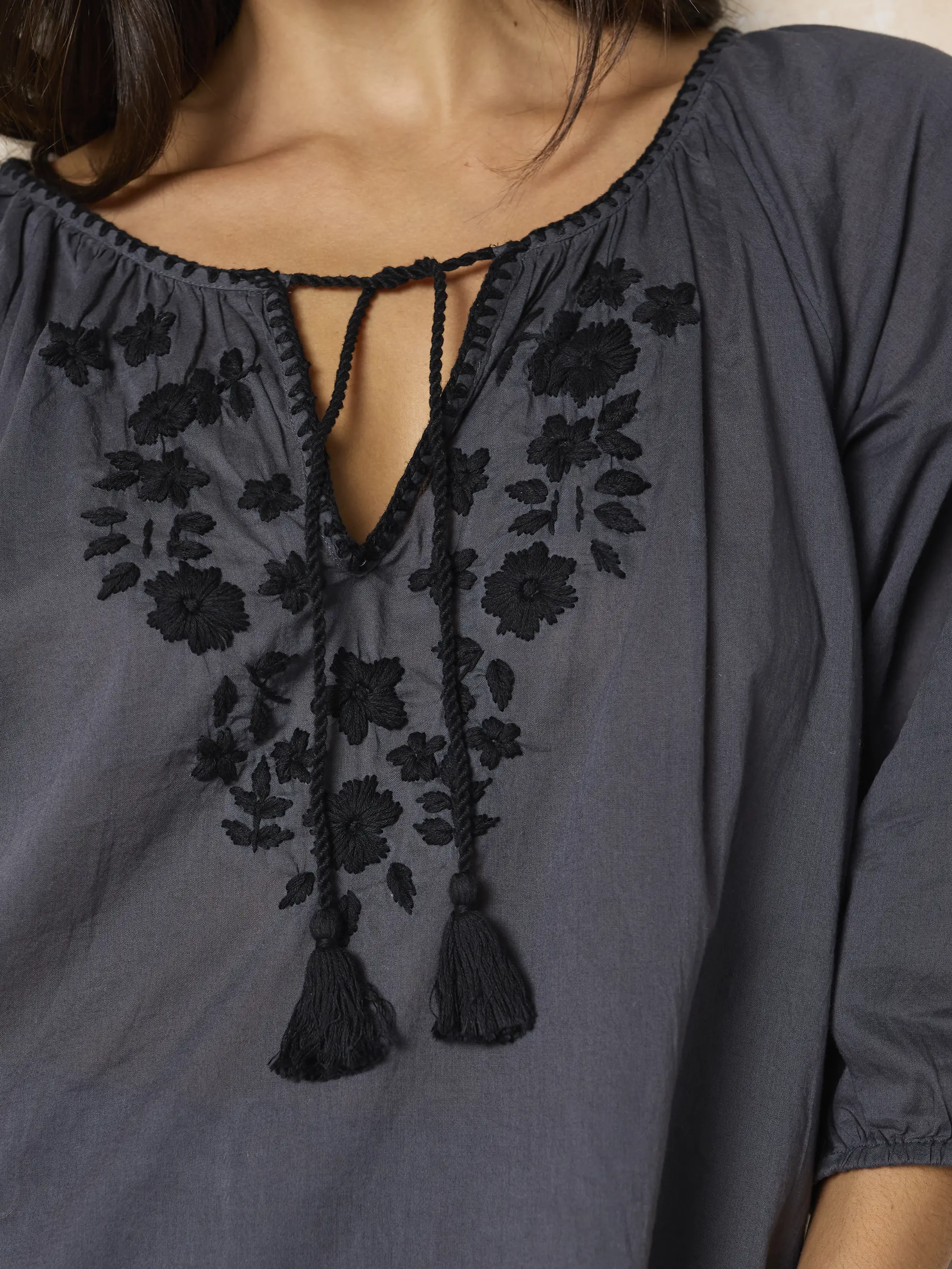 Christy Embroidered Cotton Blouse - Charcoal - Image 2