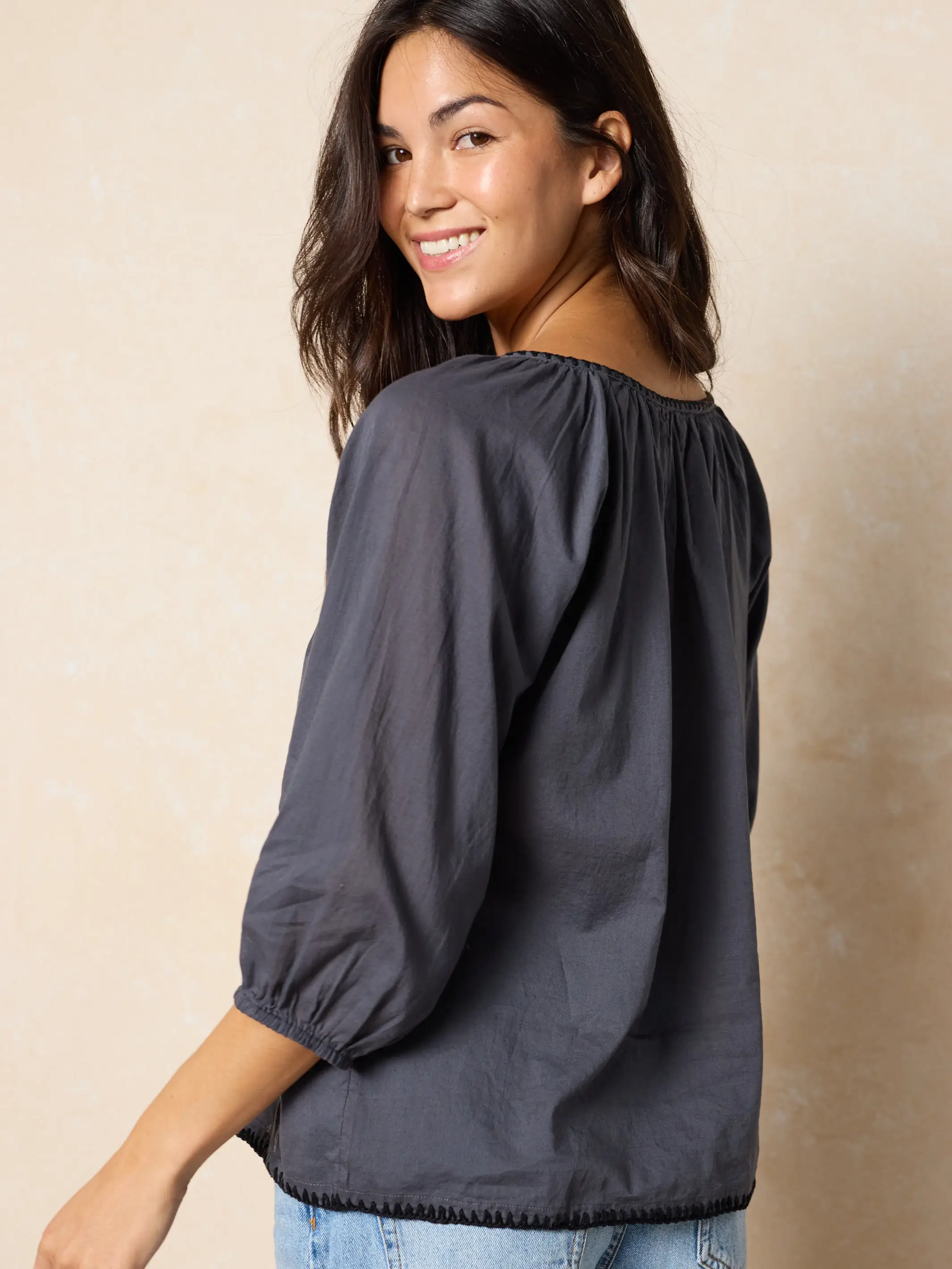 Christy Embroidered Cotton Blouse - Charcoal - Image 3