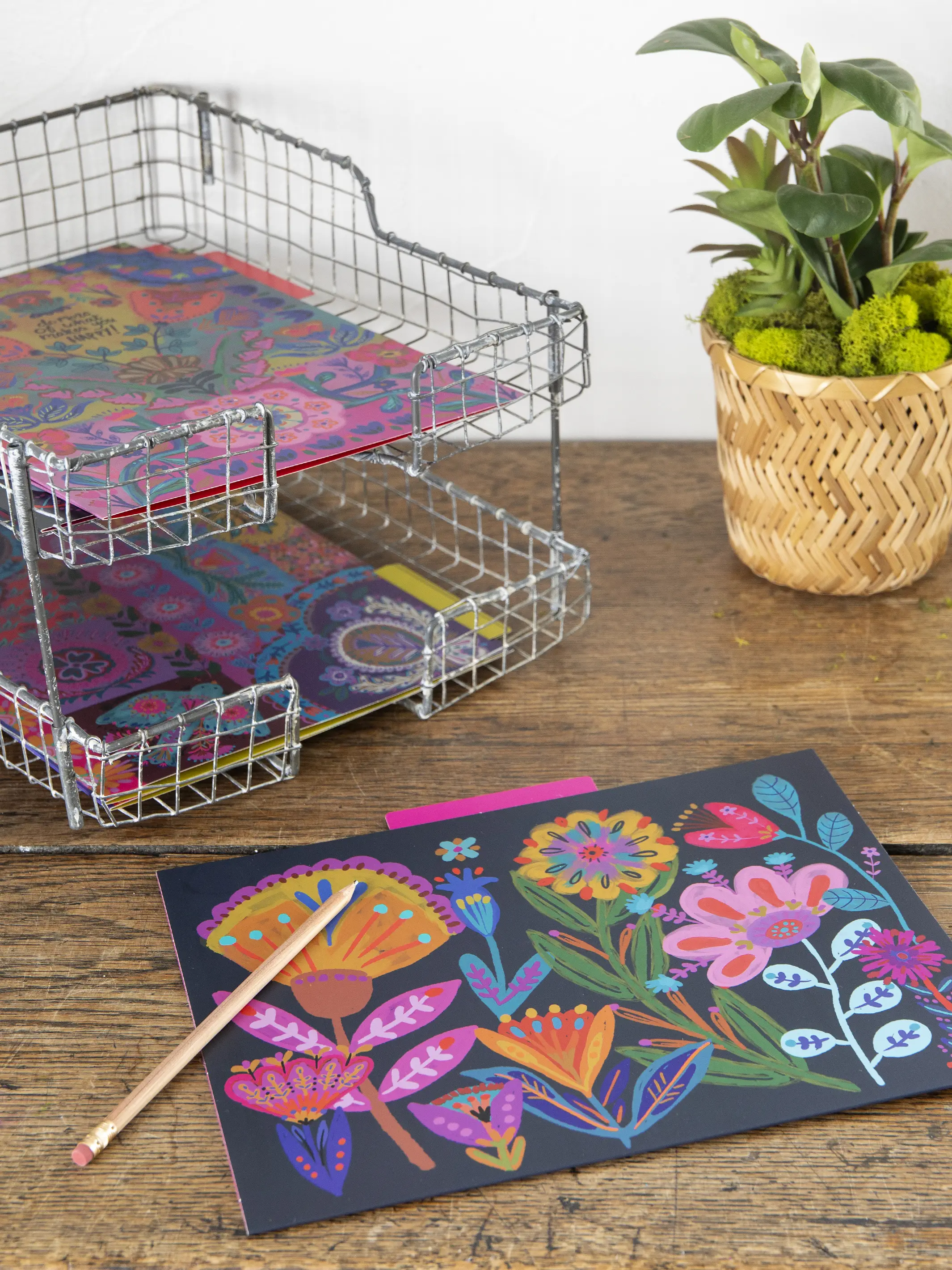Colorful File Folders, Set of 6 - Navy Folk Flower - Image 2