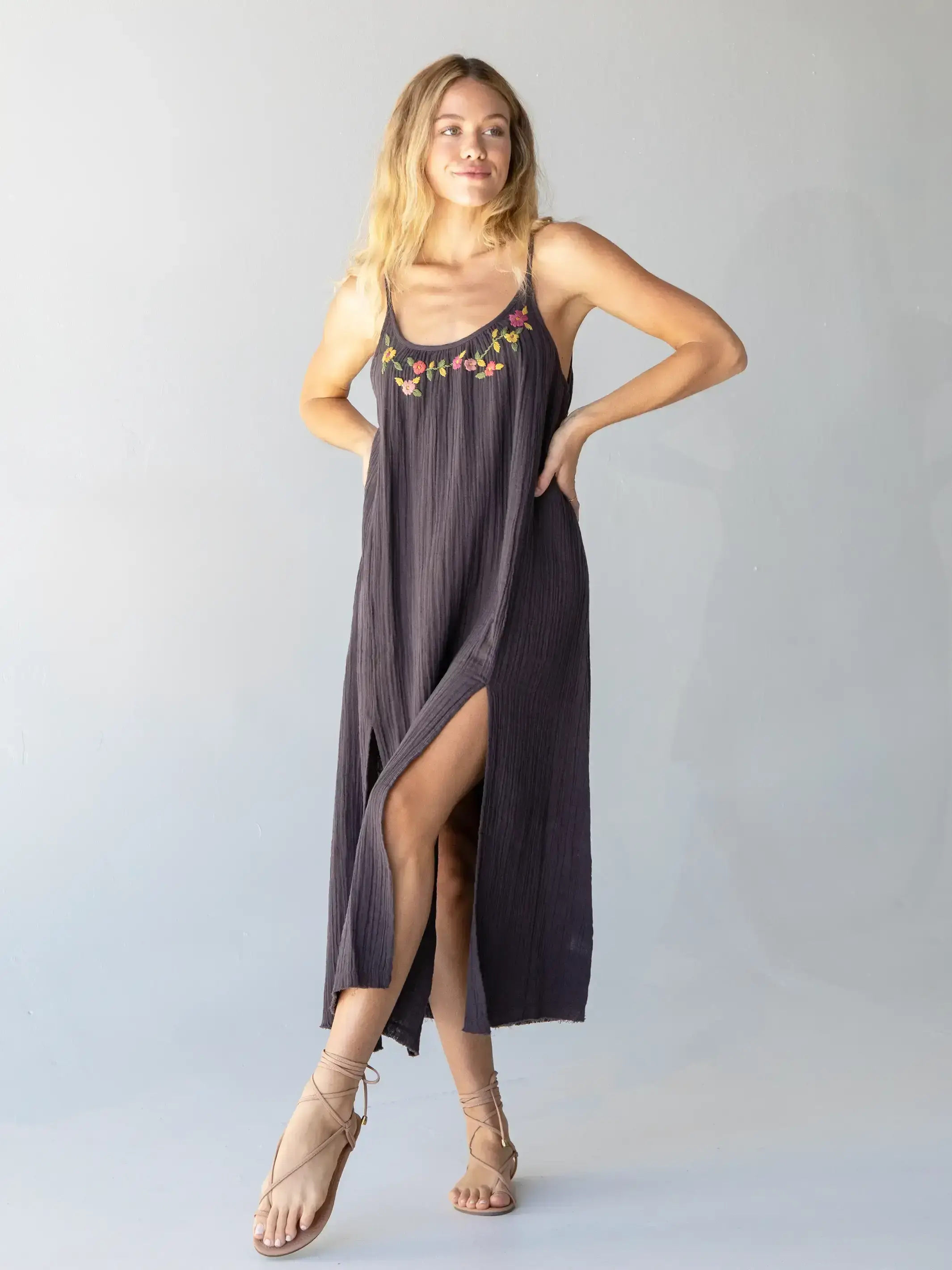 Cosette Embroidered Cotton Maxi Dress - Charcoal - Image 2