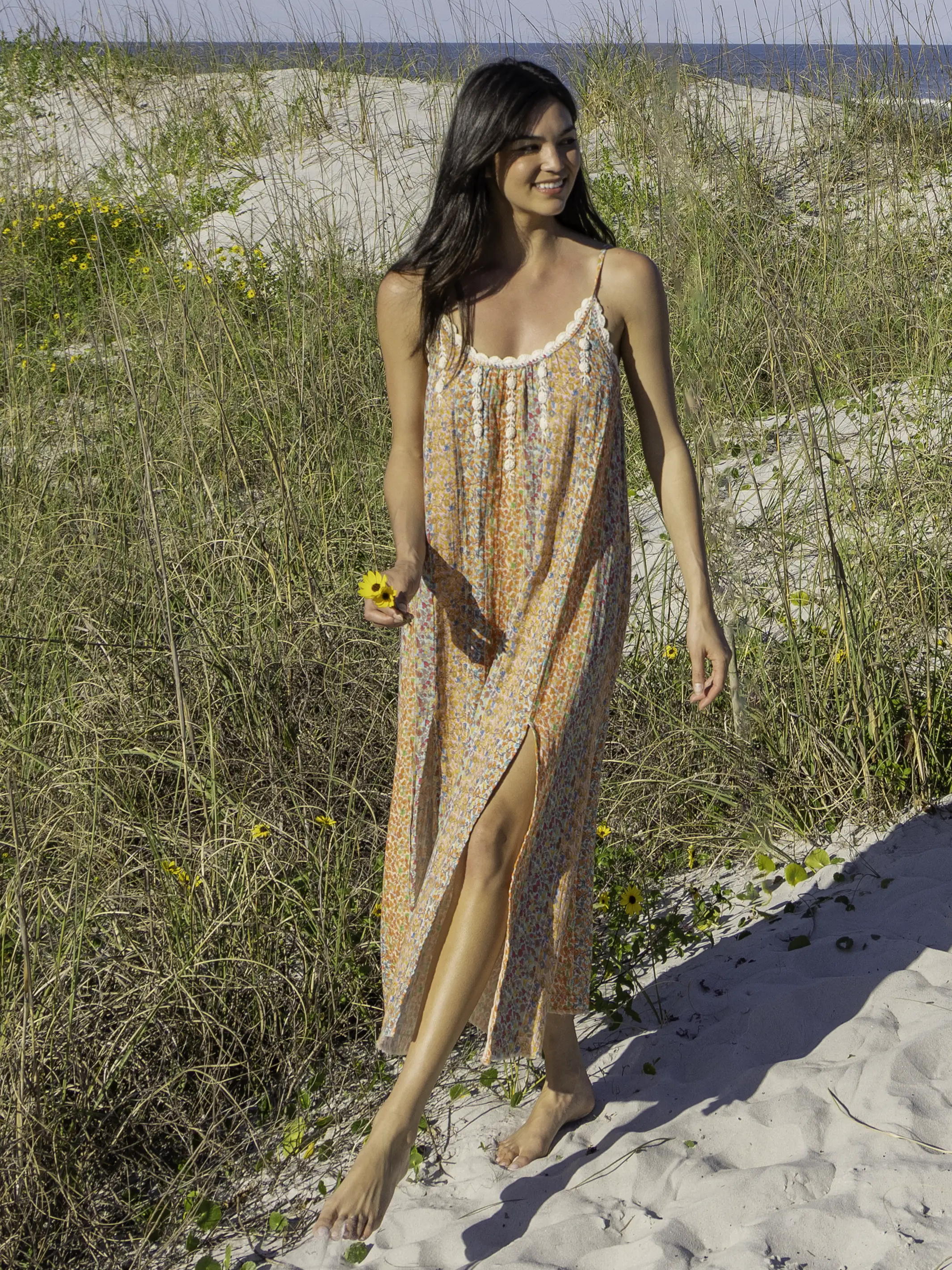 Cosette Embroidered Cotton Maxi Dress - Turquoise Orange Stripes - Image 2