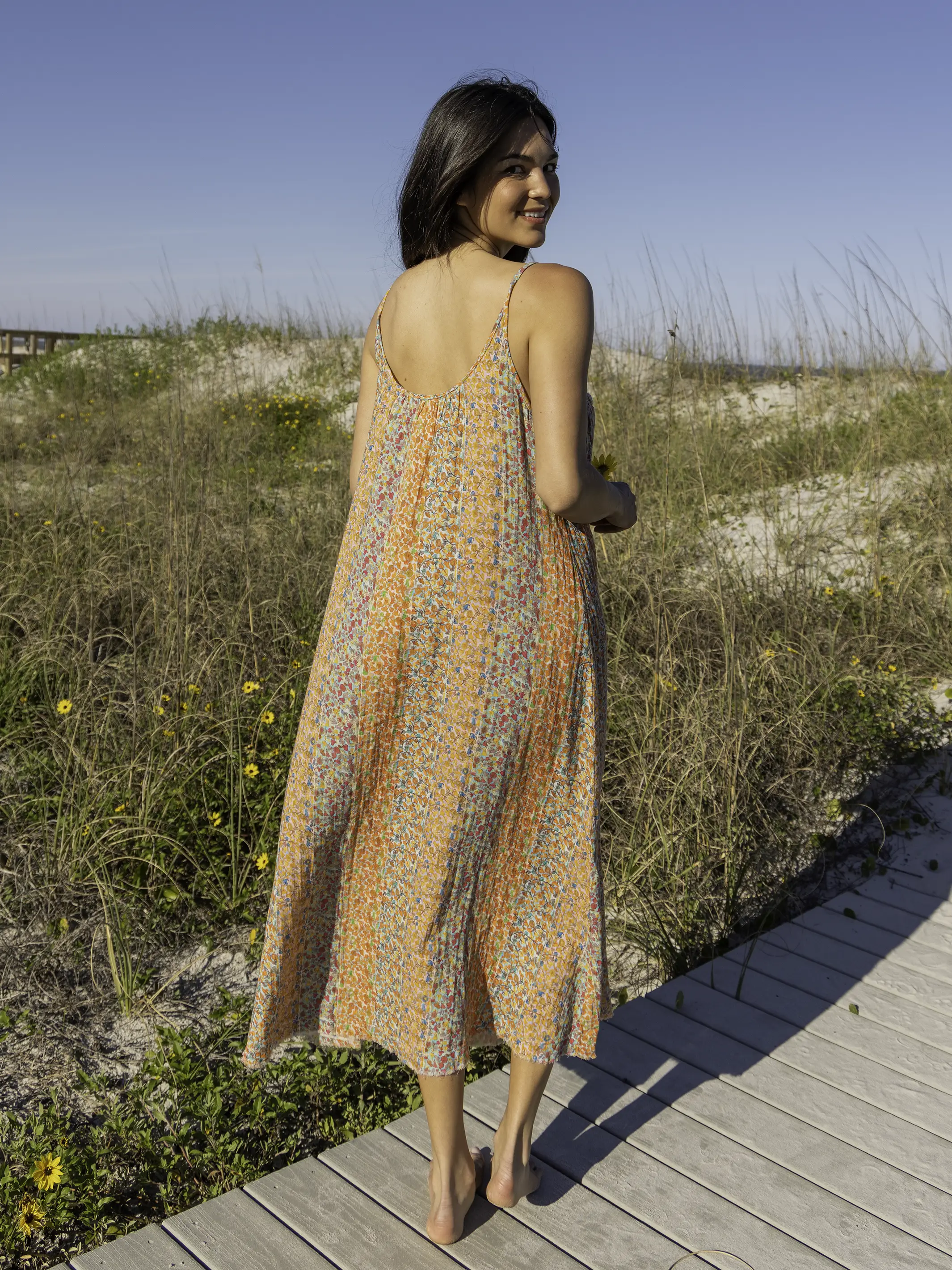 Cosette Embroidered Cotton Maxi Dress - Turquoise Orange Stripes - Image 3