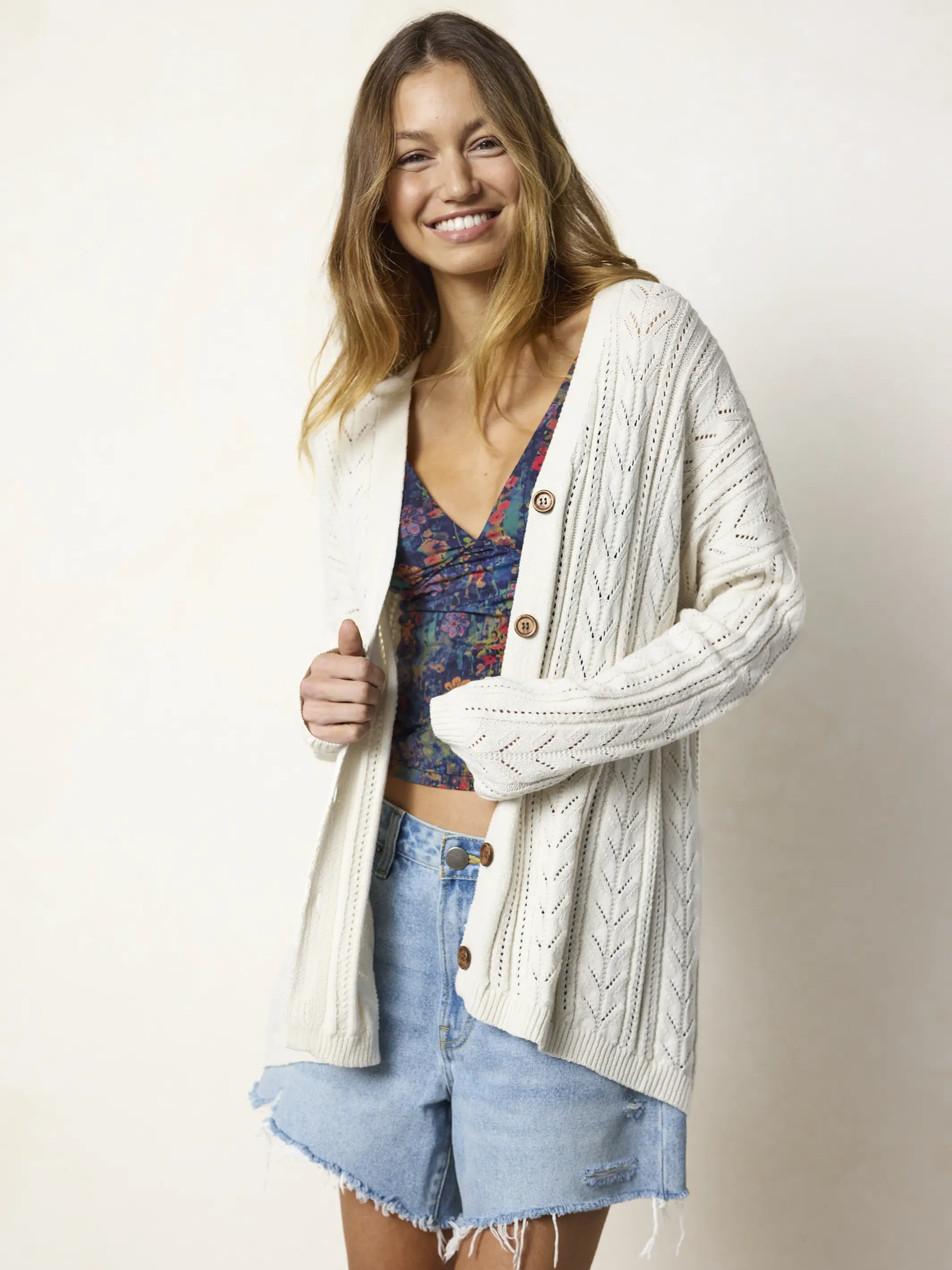 Cotton Pointelle Grandpa Cardigan - Cream - Image 4