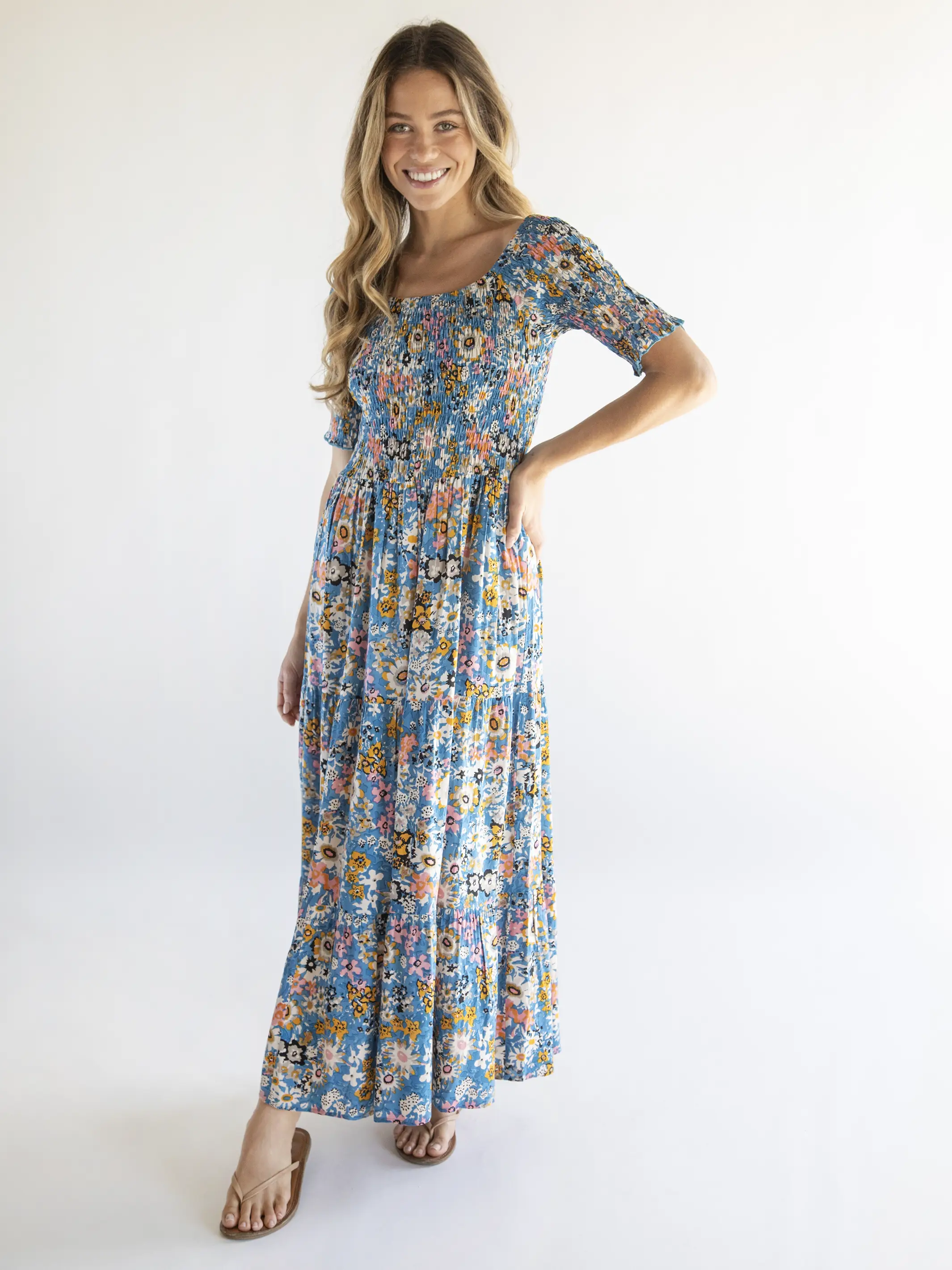 Daisy Tiered Maxi Dress - Blue Tan Floral - Image 3