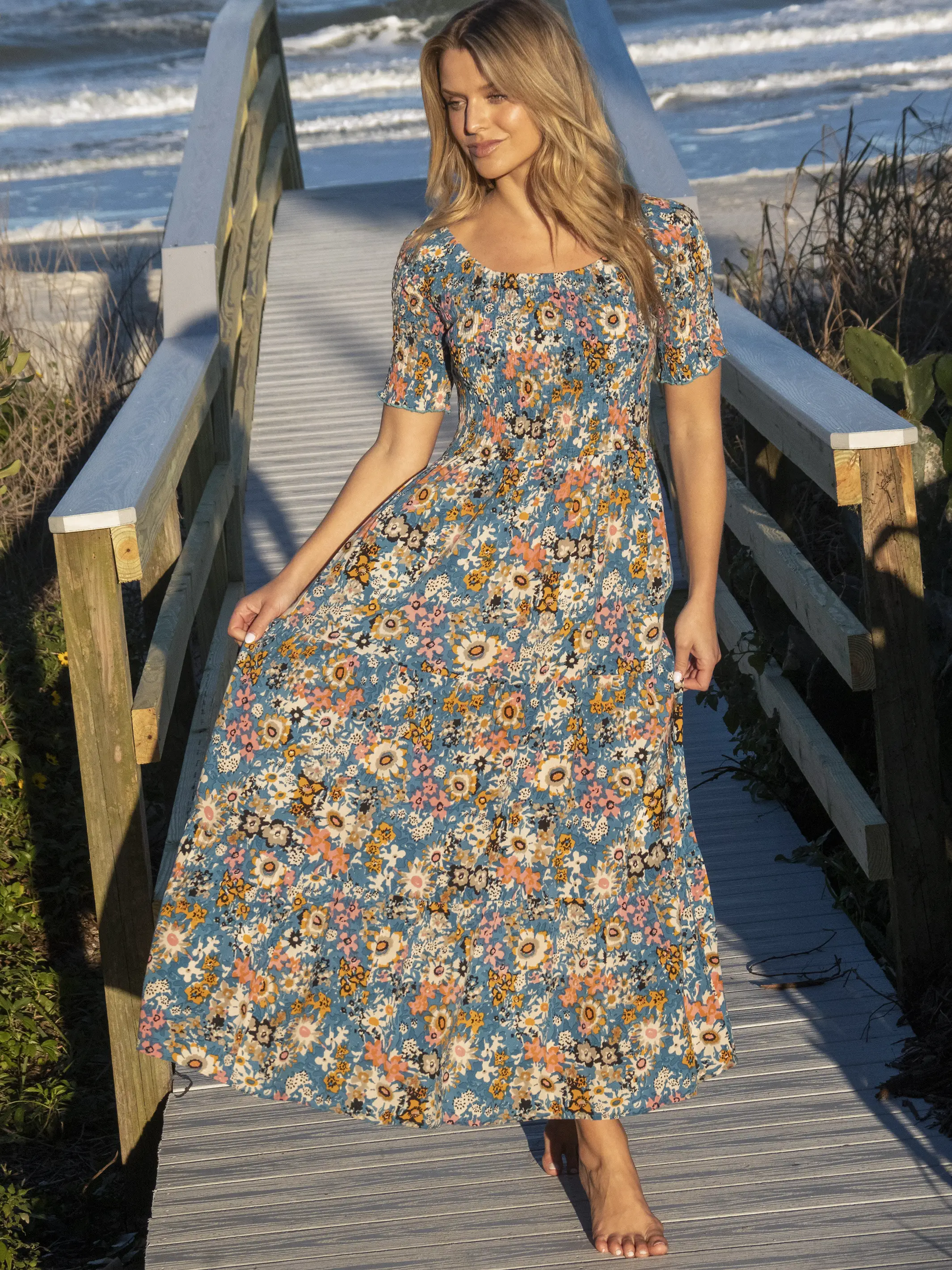 Daisy Tiered Maxi Dress - Blue Tan Floral - Image 5