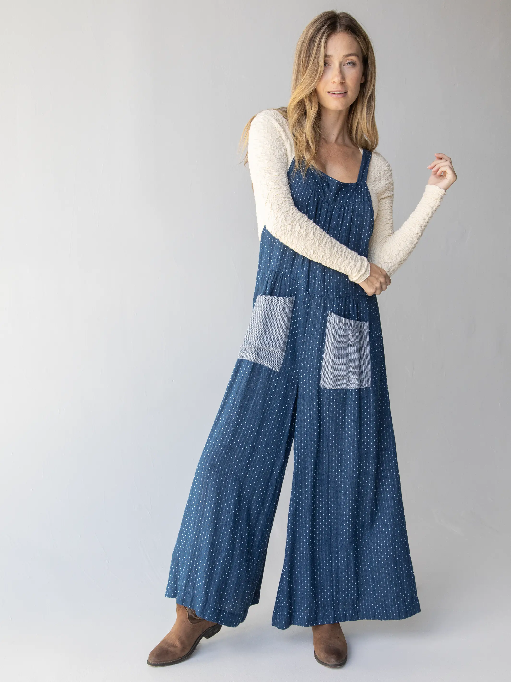 Dakota Cotton Tie Overall - Navy Polka Dots - Image 3