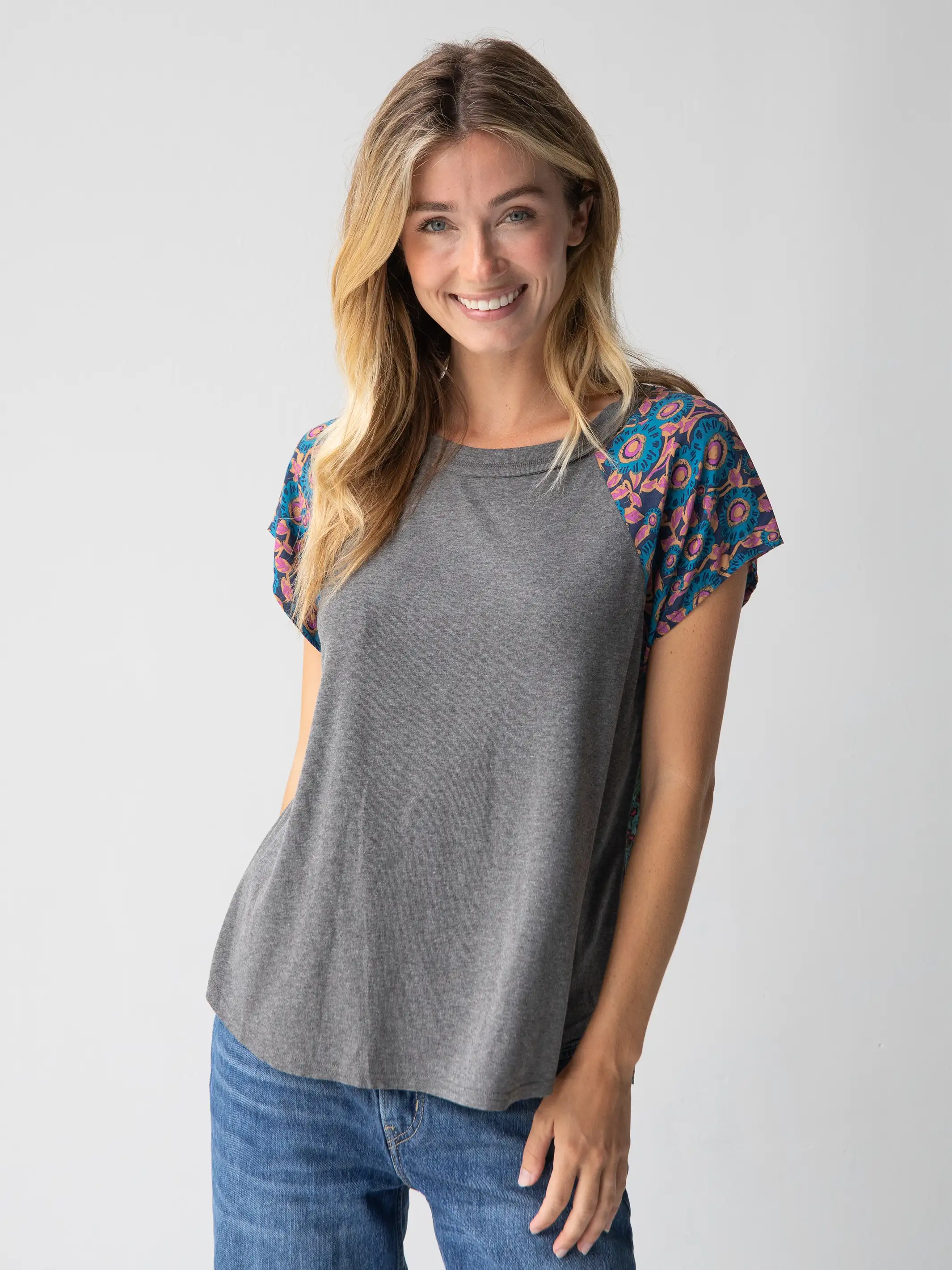 Daphne Mixed Print Top - Teal Turquoise Mixed Floral - Image 2