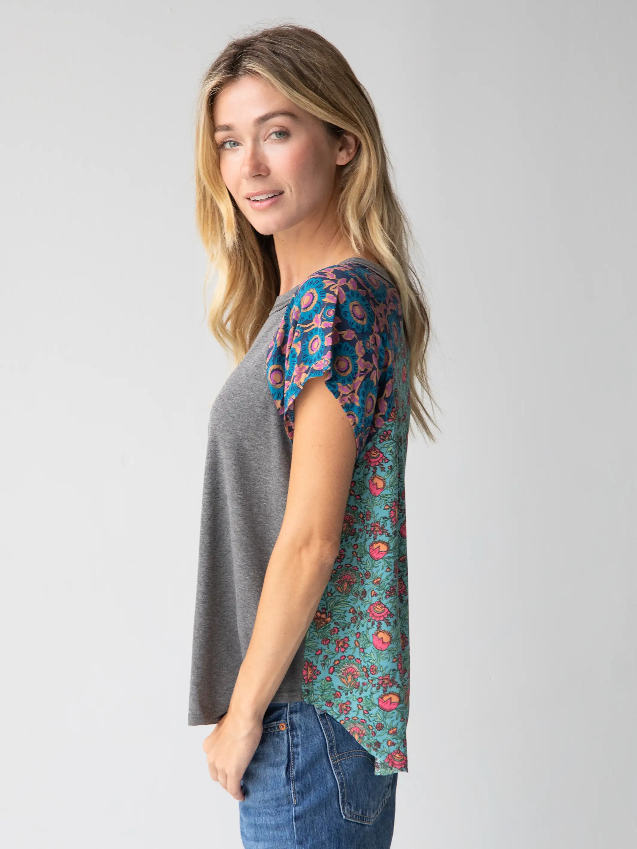 Daphne Mixed Print Top - Teal Turquoise Mixed Floral - Image 3