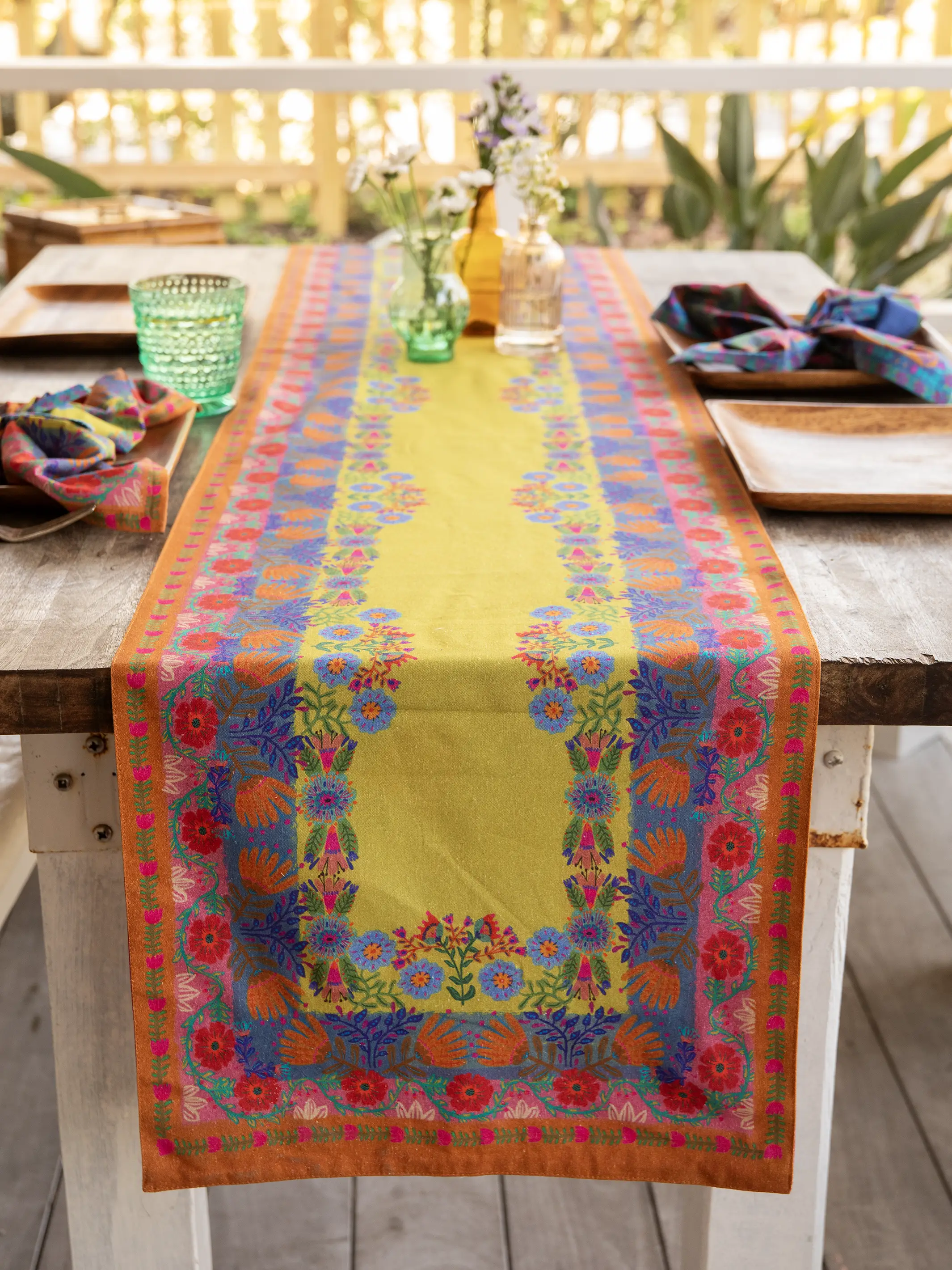 Double-Sided Bohemian Bungalow Table Runner - Teal Borders - Image 2
