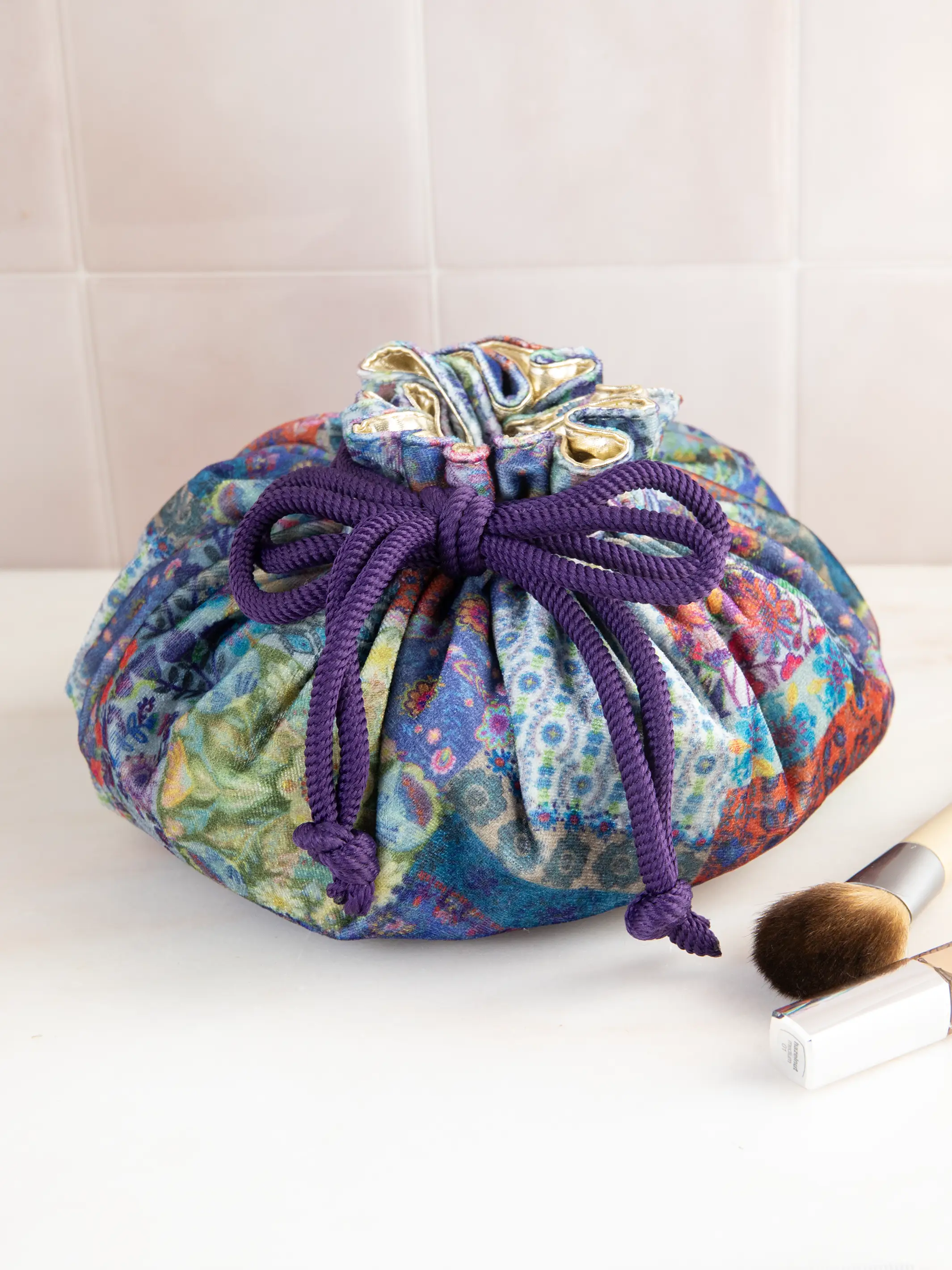 Drawstring Velvet Cosmetic Pouch - Blue Patchwork - Image 2
