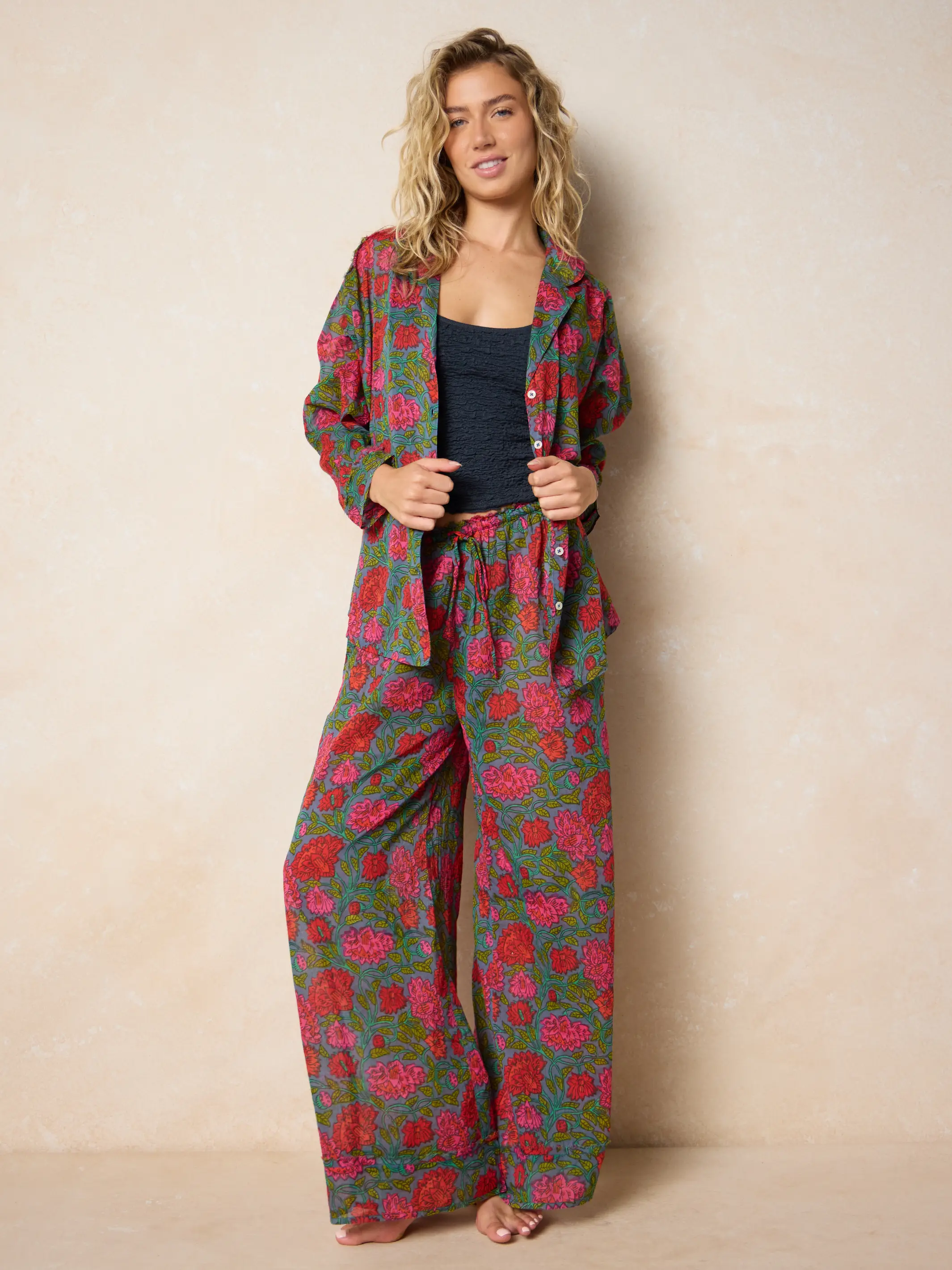 Dreamy Cotton Pajama Set - Blue Lush Zinnias - Image 3