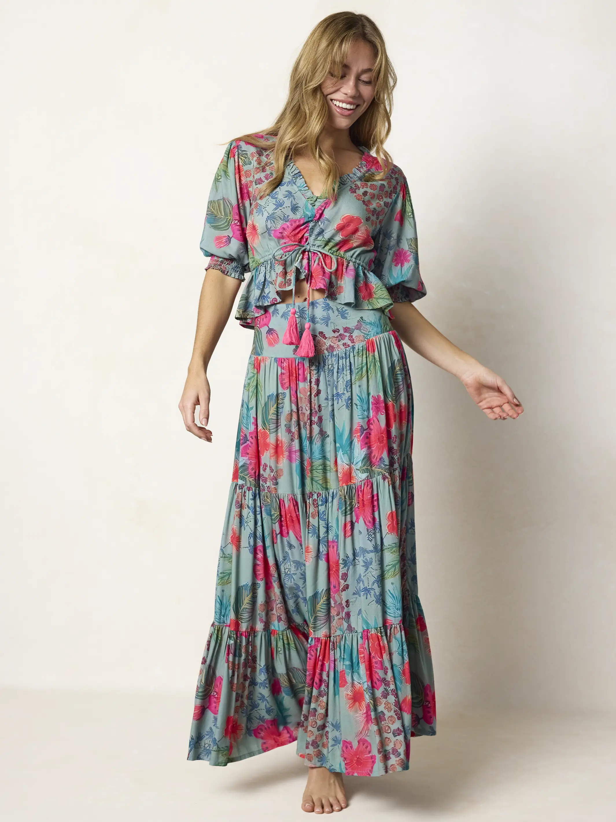 Elisa Ruffle Tie Top - Neon Tropical Floral - Image 2