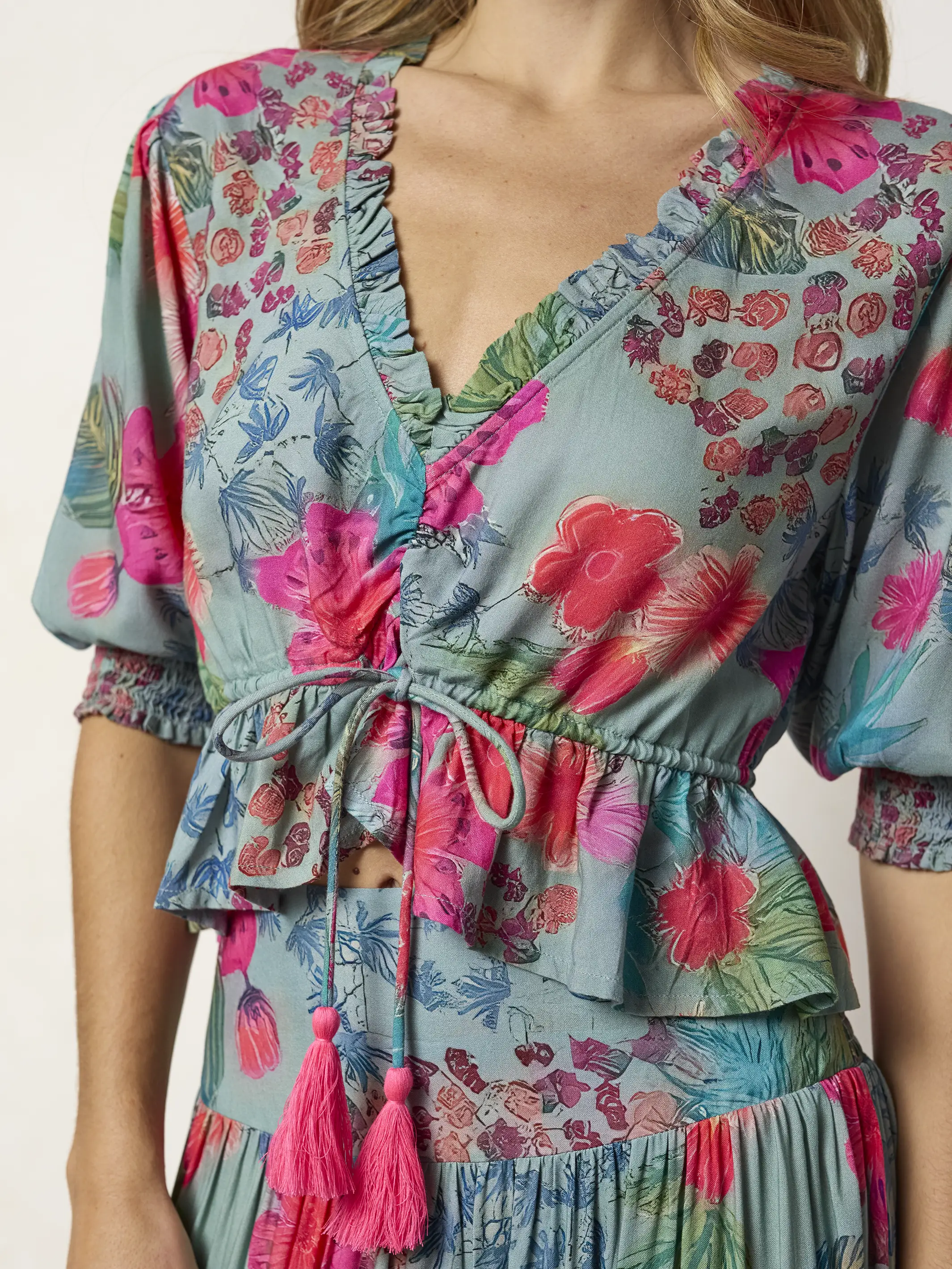 Elisa Ruffle Tie Top - Neon Tropical Floral - Image 3