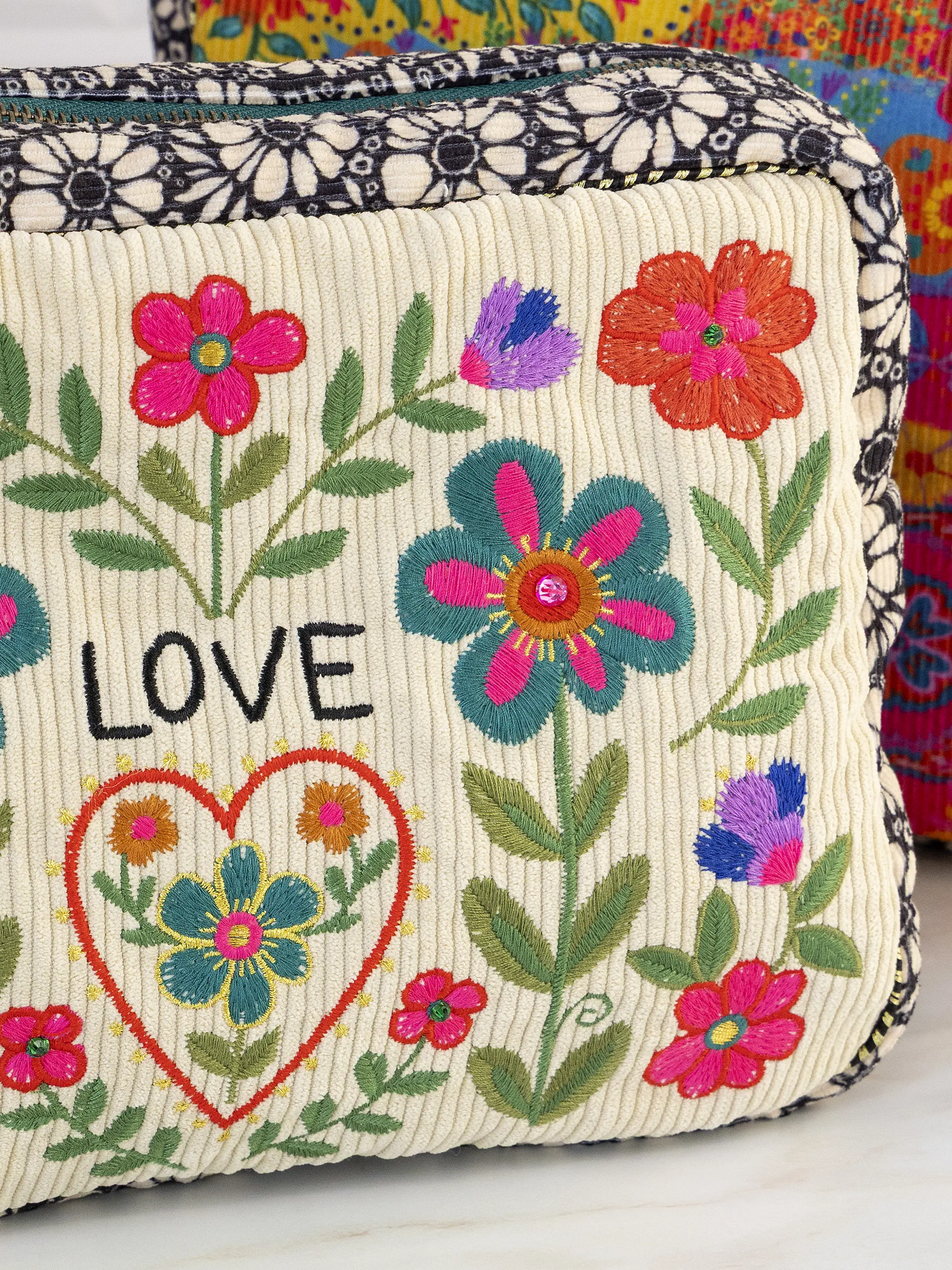 Embroidered Corduroy Cosmetic Pouch - Love - Image 4
