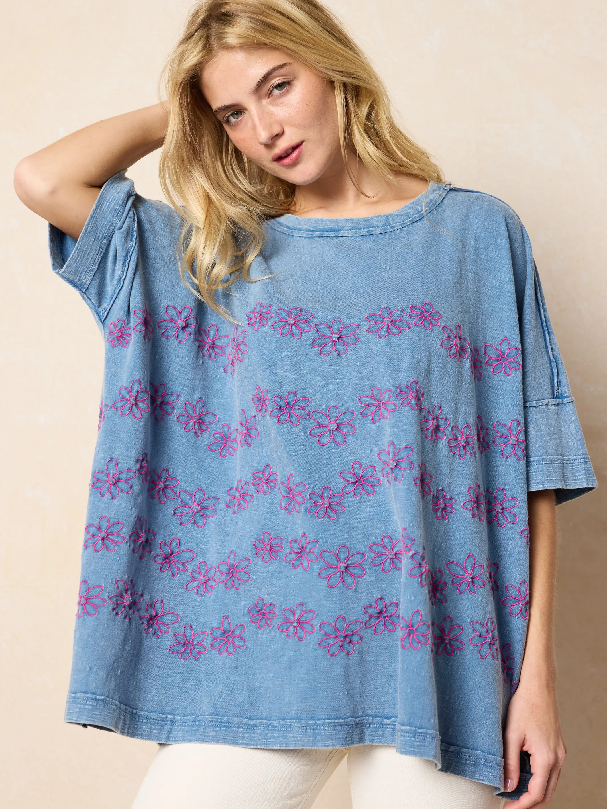 Embroidered Oversized Cotton Tee - Washed Navy - Image 2
