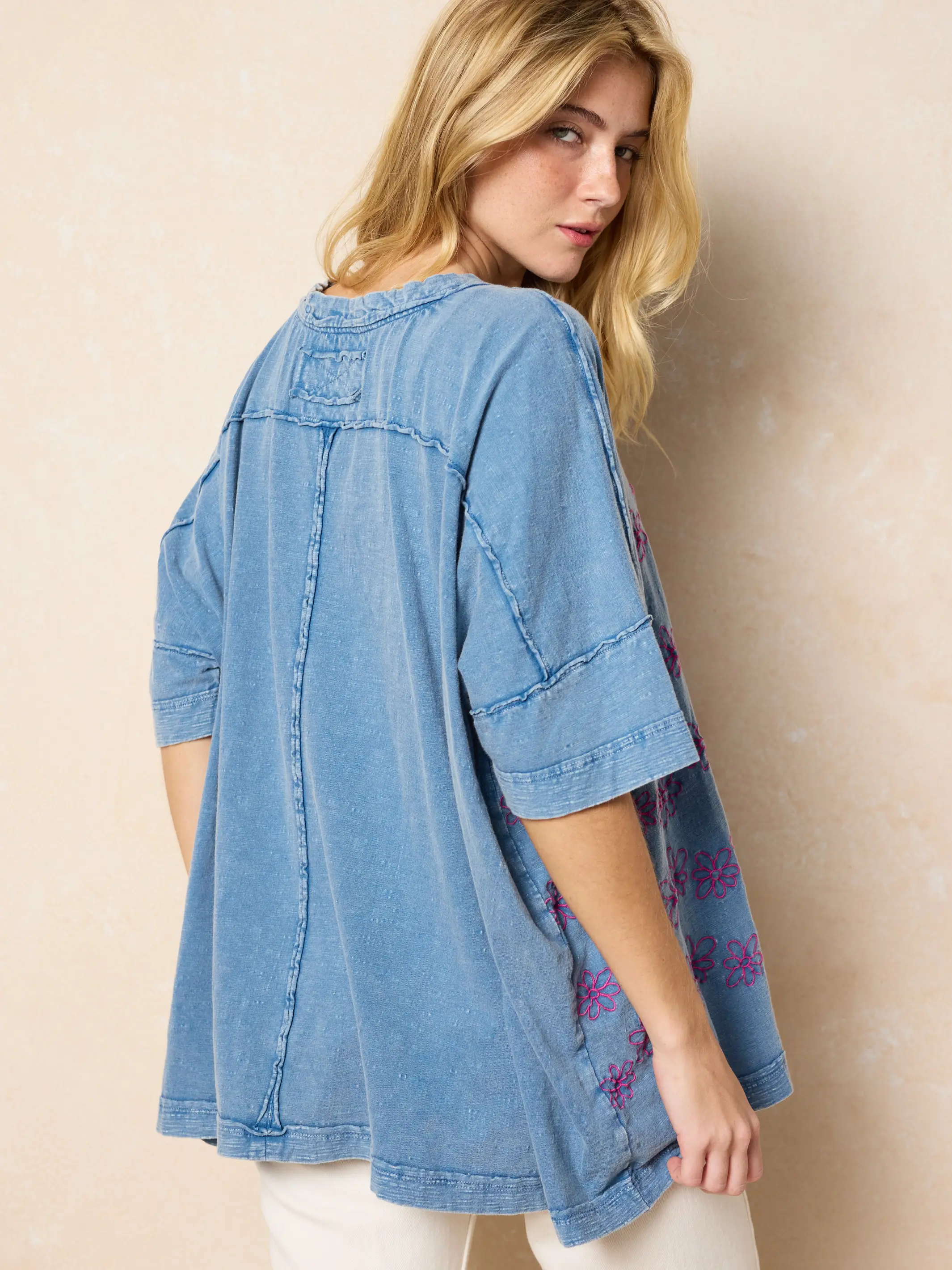 Embroidered Oversized Cotton Tee - Washed Navy - Image 3
