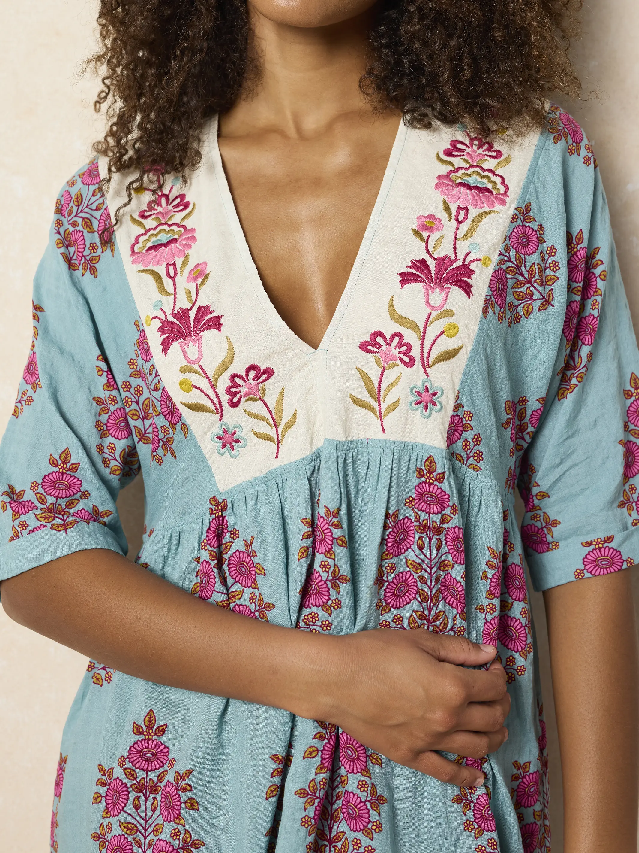 Embroidered Stella V-Neck Mini Dress - Wildflower Medallion Teal - Image 3
