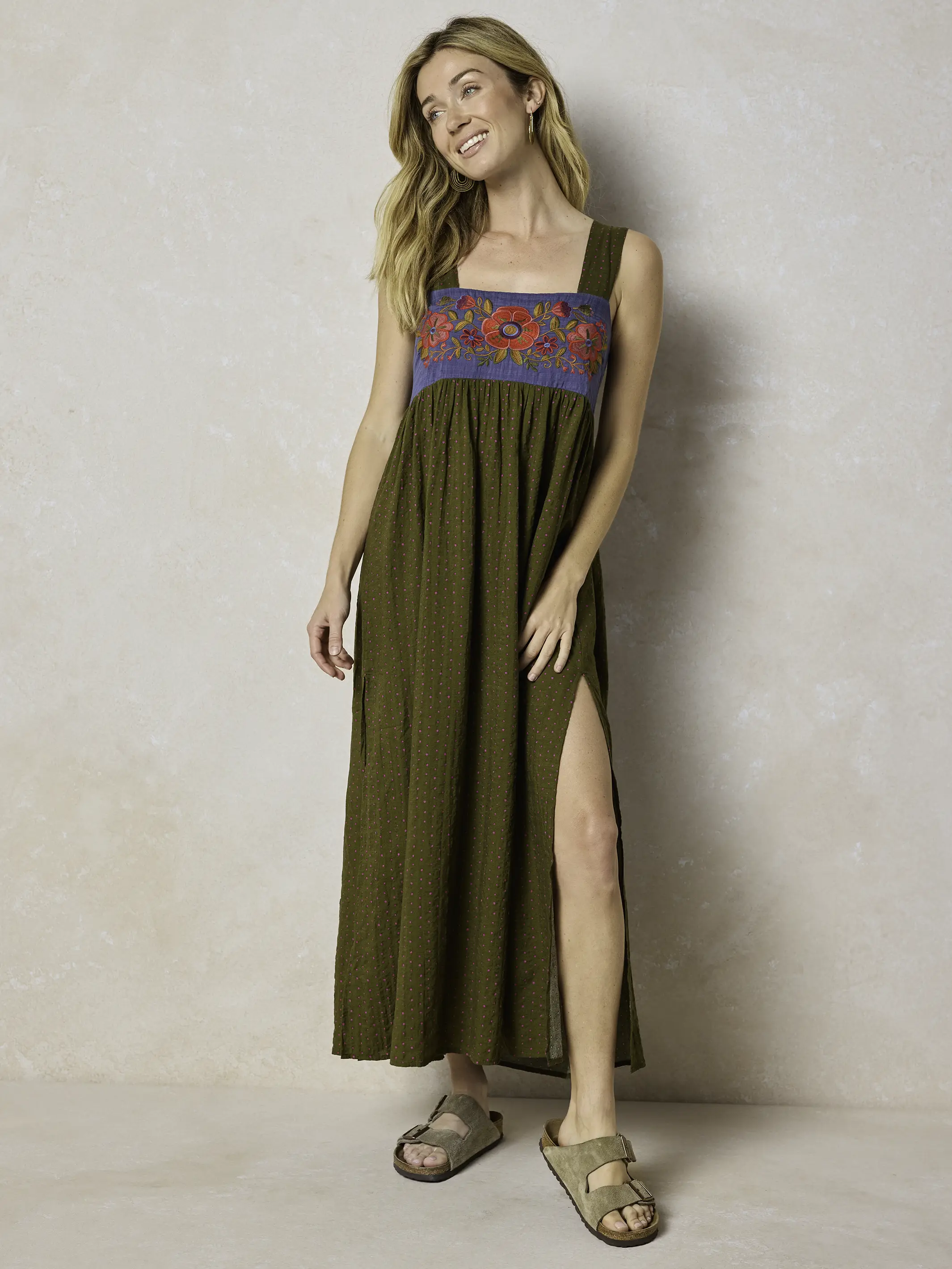 Embroidered Tricia Maxi Dress - Olive Polka Dot - Image 2
