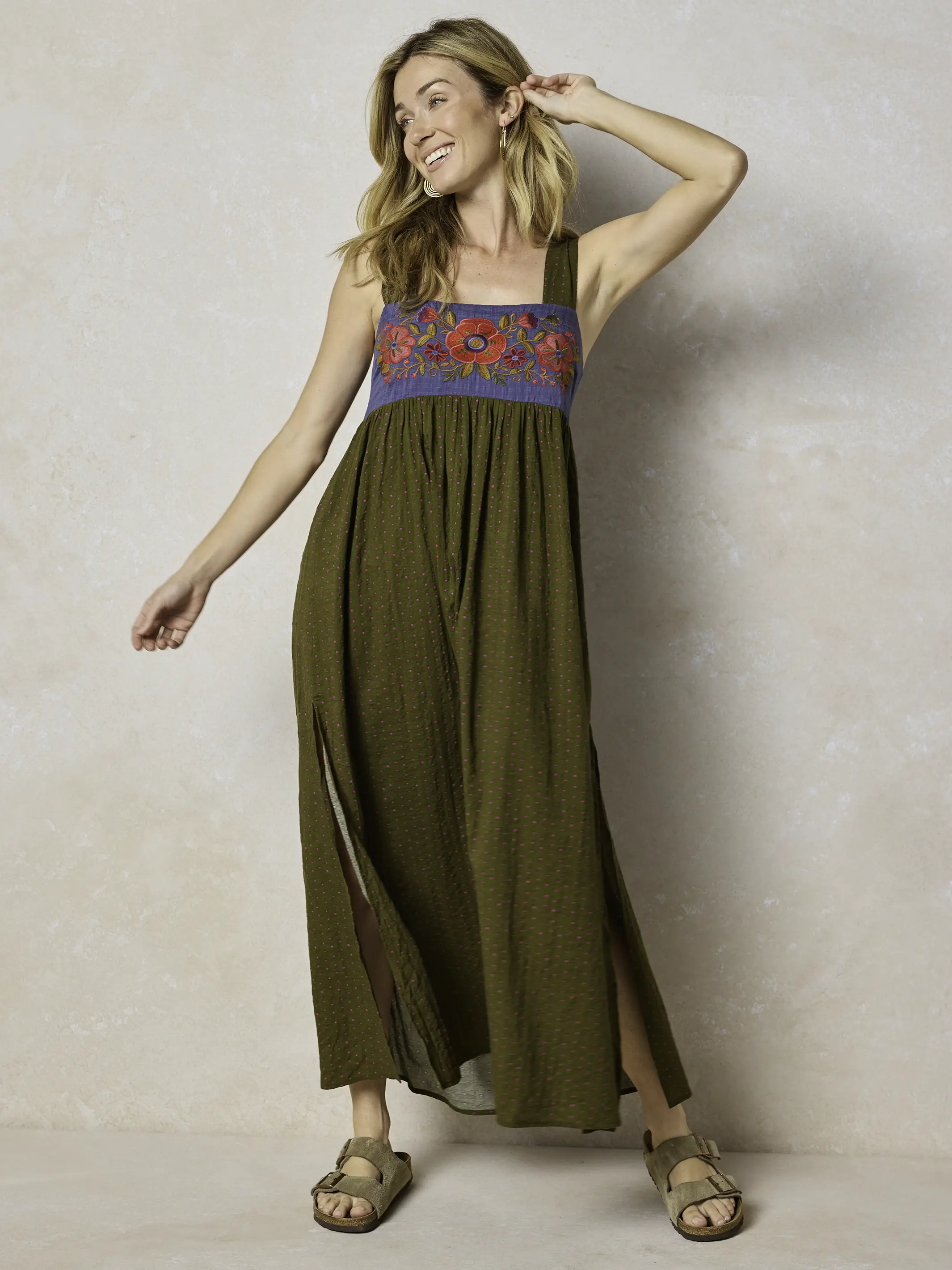 Embroidered Tricia Maxi Dress - Olive Polka Dot - Image 6