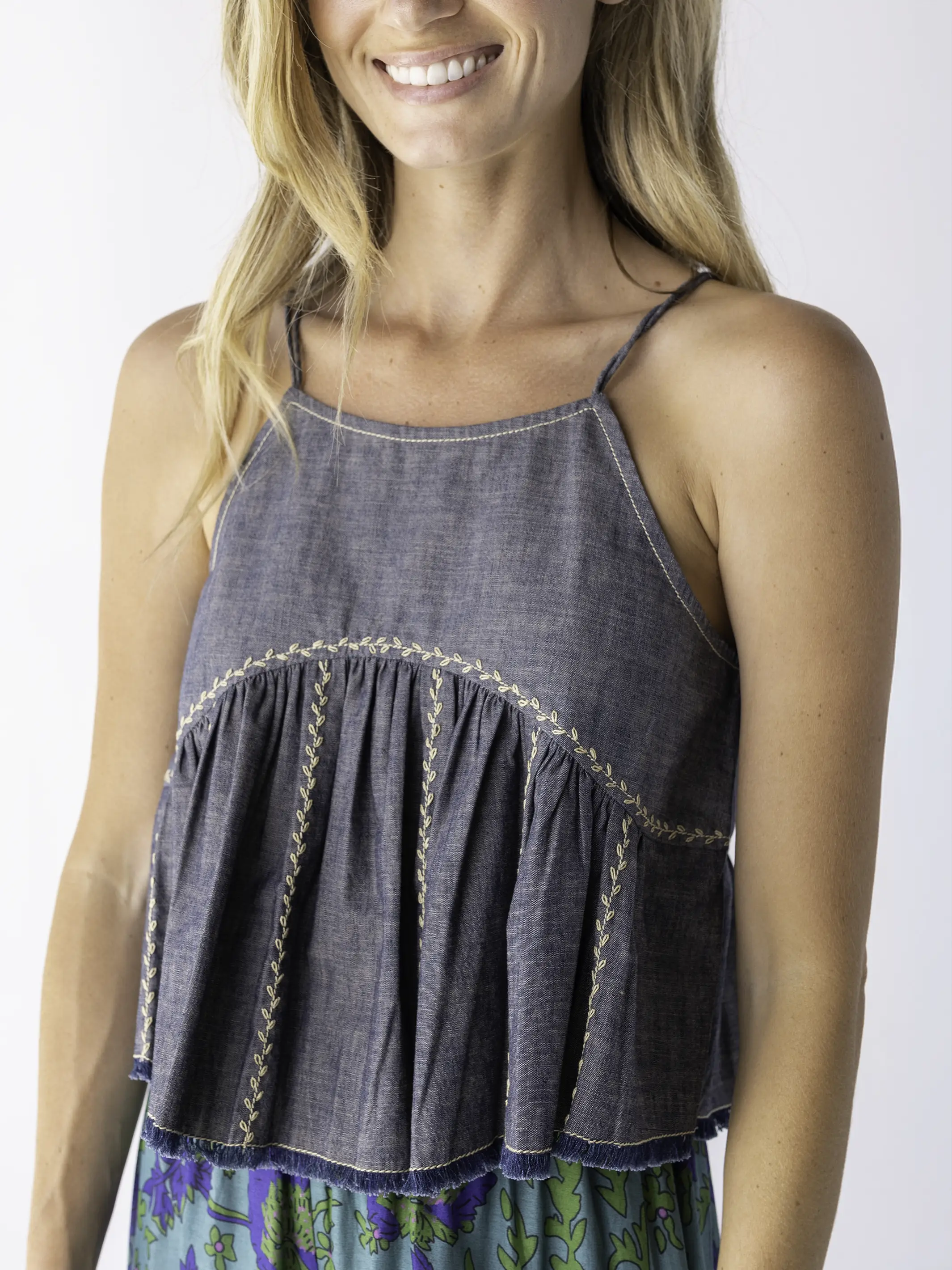 Erin Embroidered Cotton Top - Navy Denim - Image 3