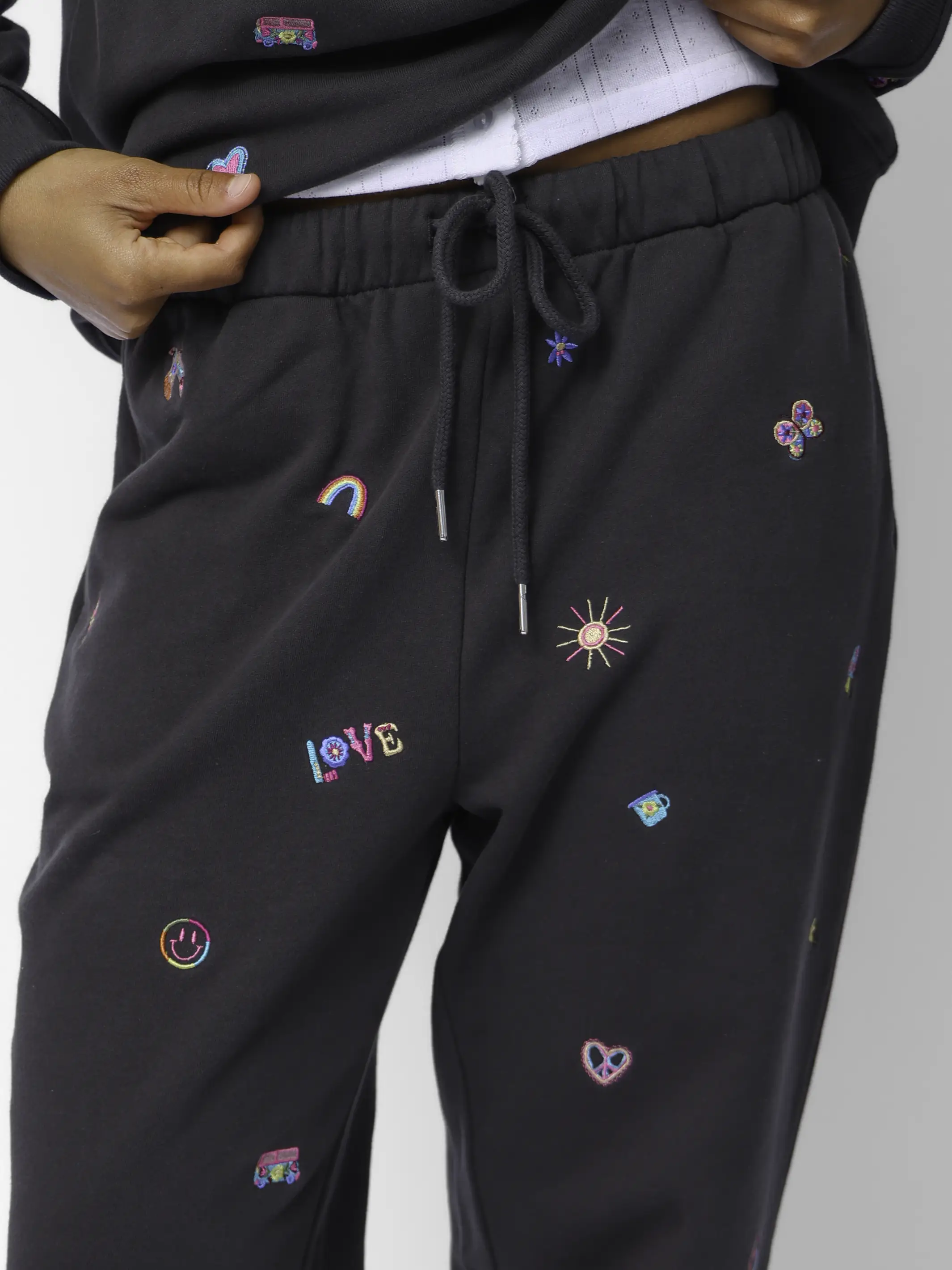 Fave Little Things Embroidered Jogger Pants - Charcoal Doodle - Image 3